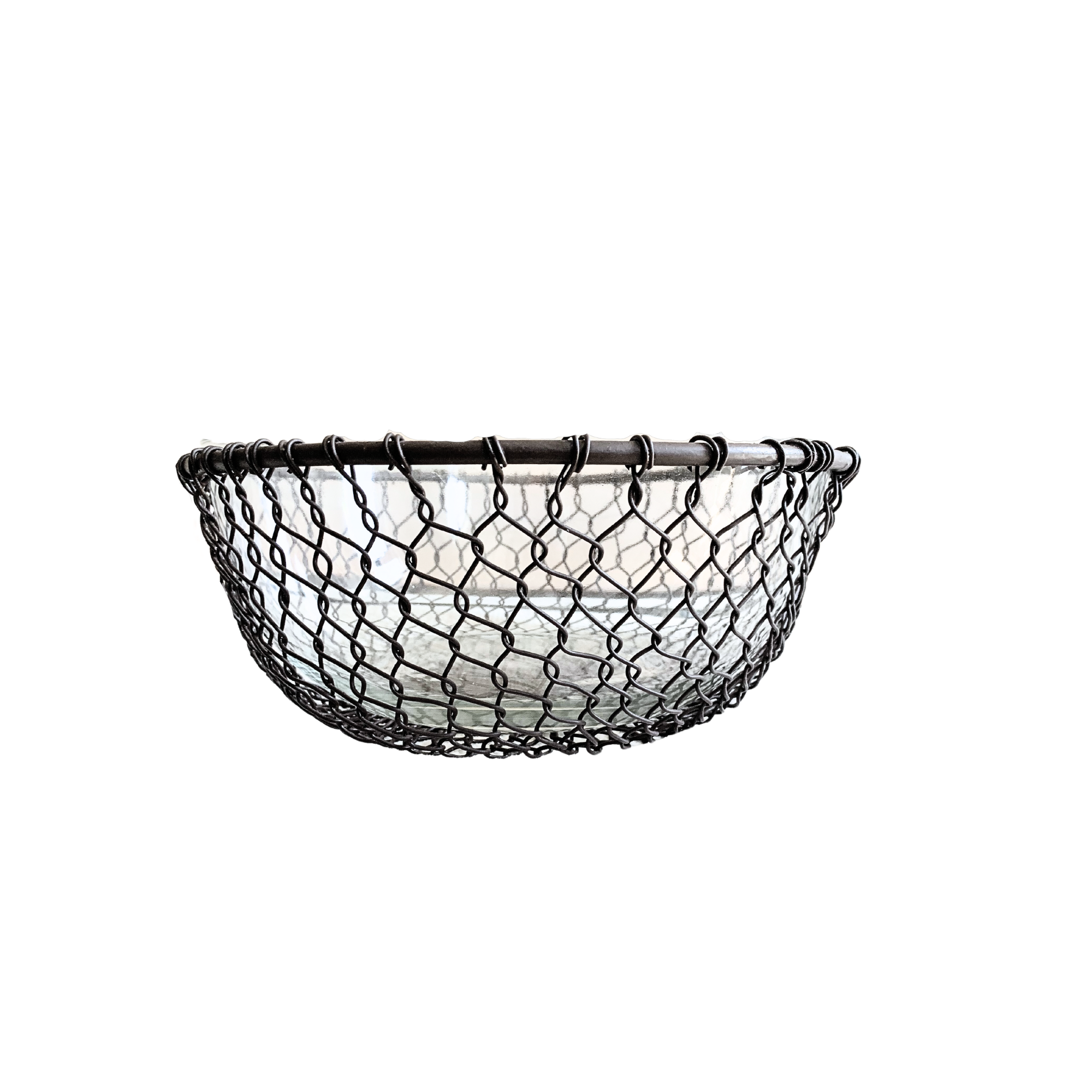 Glass Serving Bowl in a Rustic Metal Weave Basket