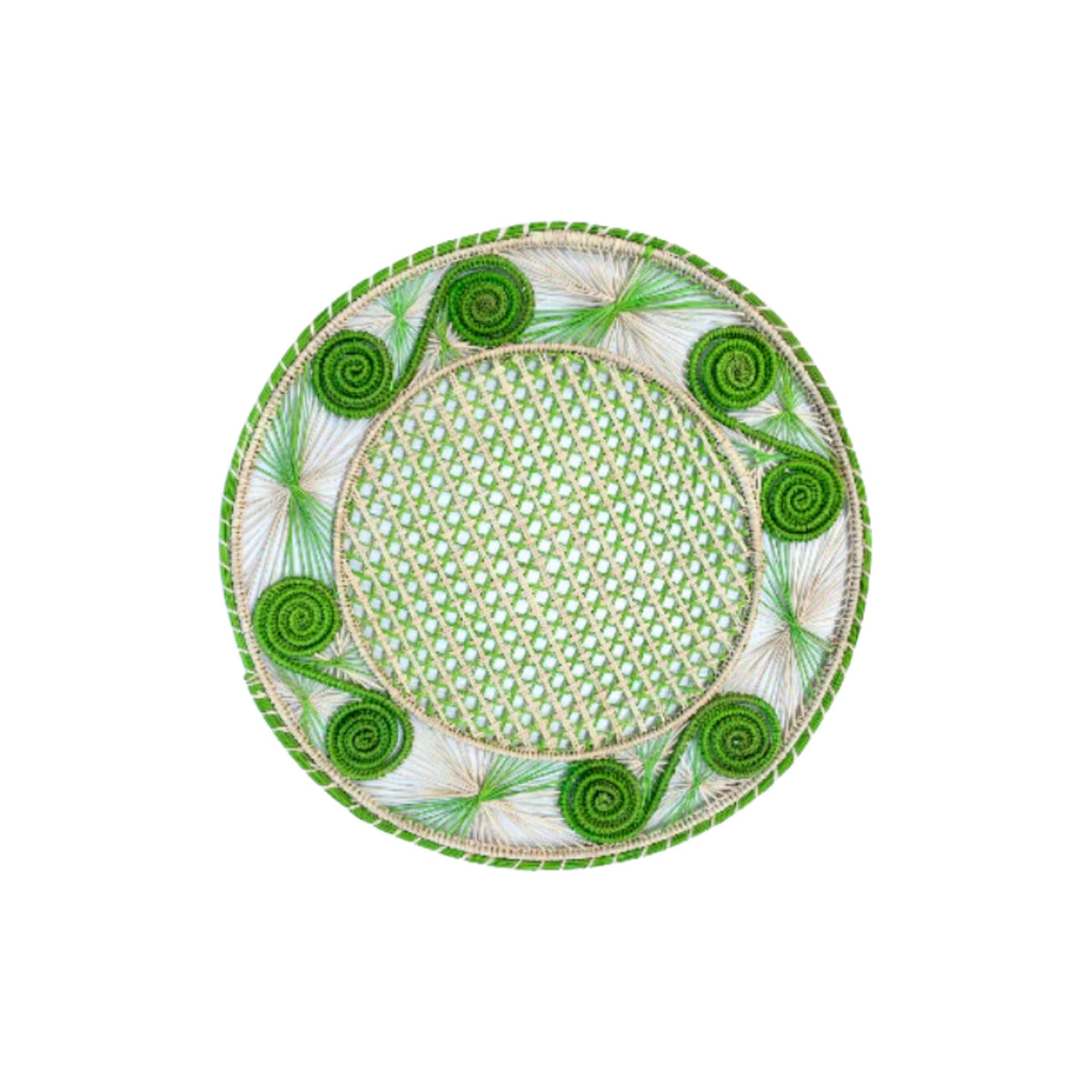 Handwoven Lime Green Caracol Iraca Straw Placemat, shown on a white background