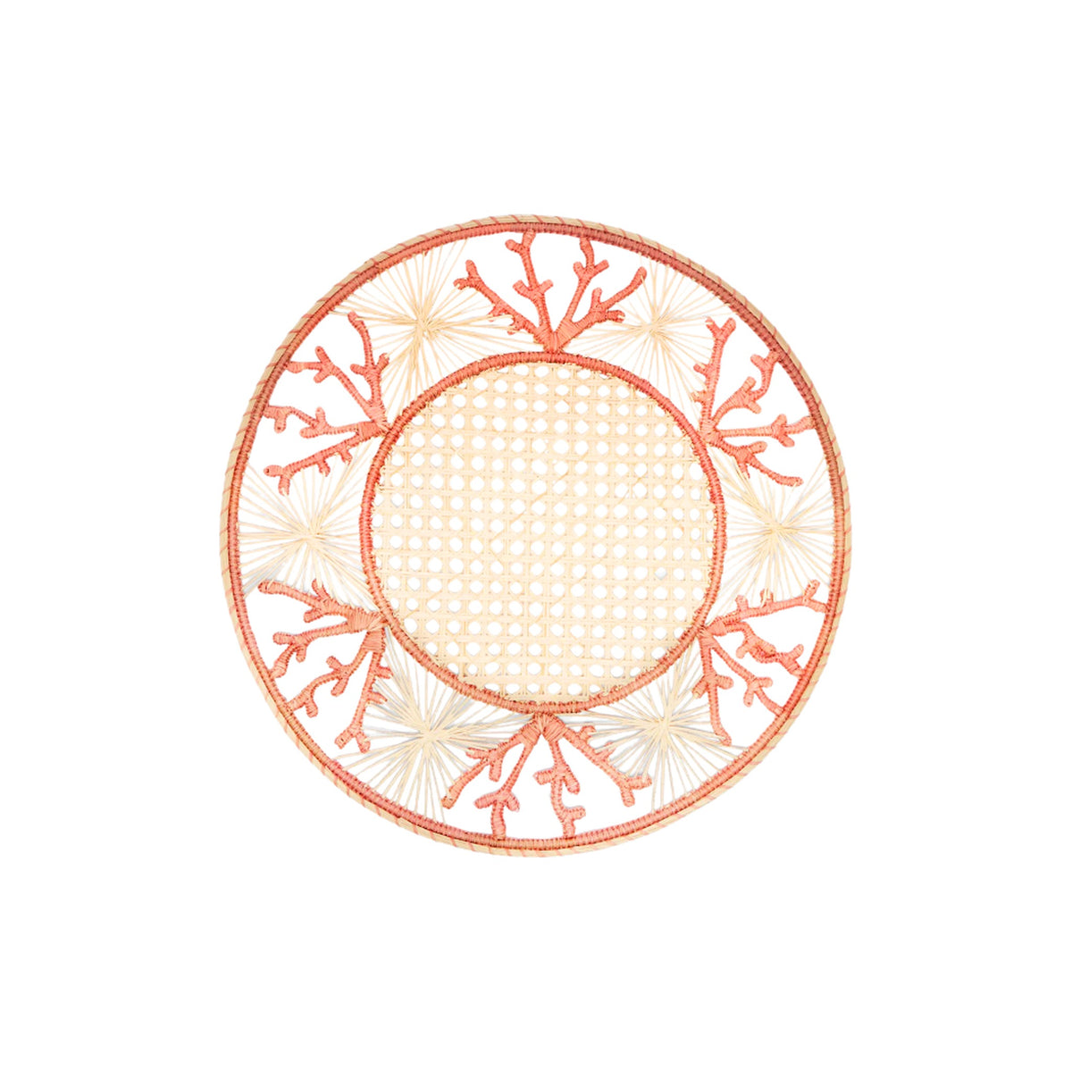 Handwoven Peach Coral Iraca Placemat, shown on a white background