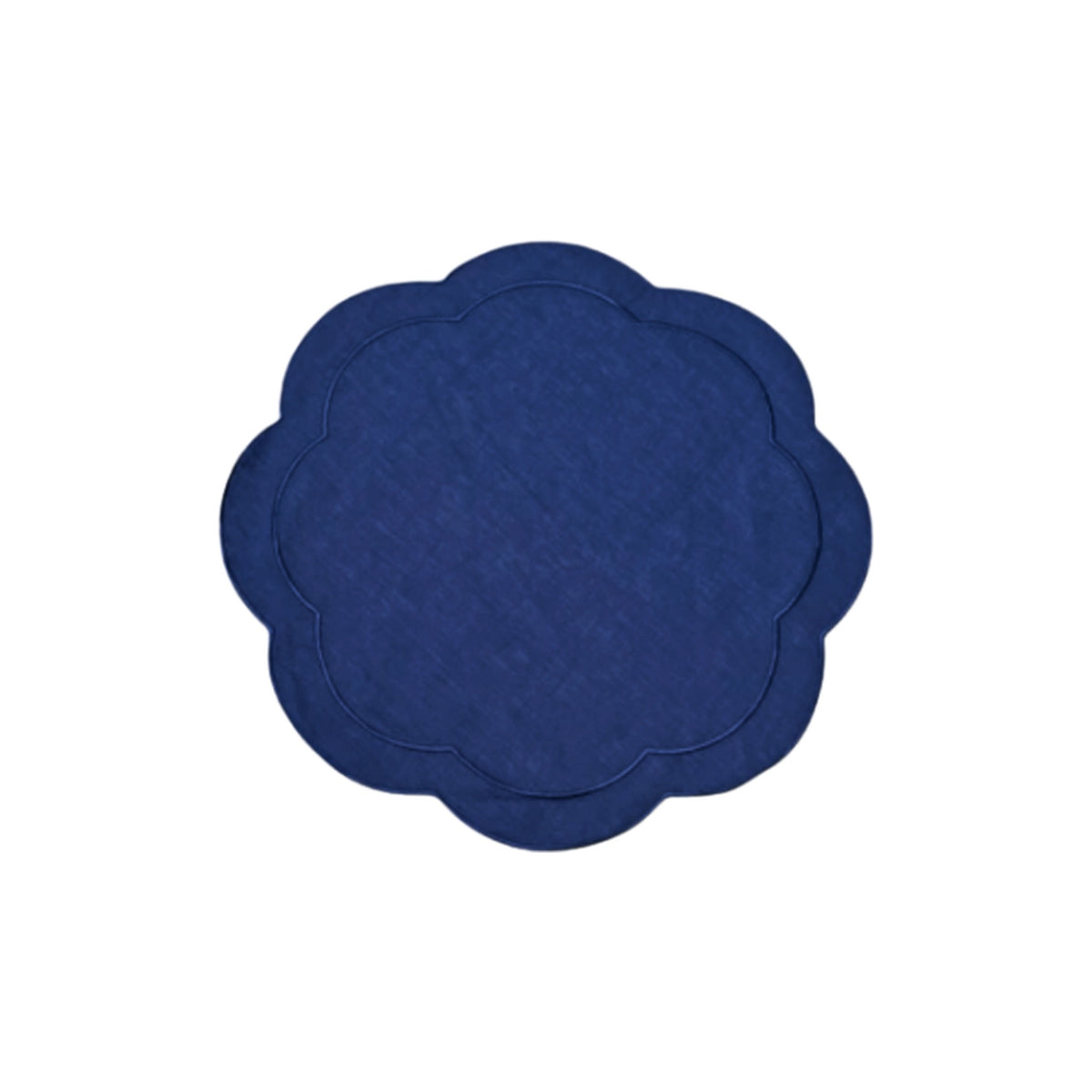 Navy Blue Linen with Blue Embroidery Round Placemats, Set of 4, shown on a white background
