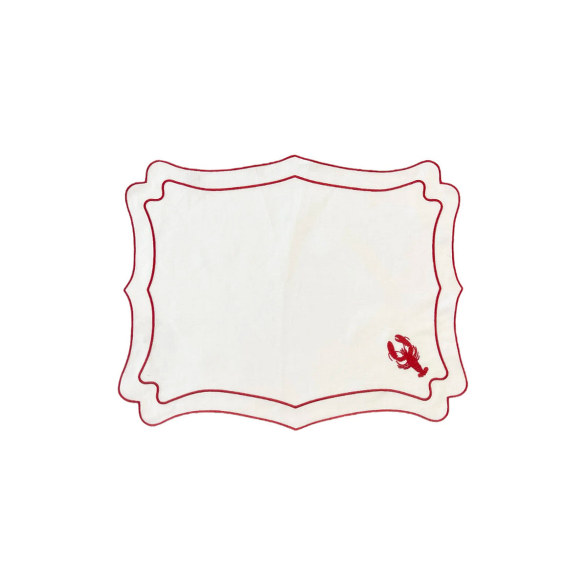 RED LOBSTER HAND EMBROIDERED ON WHITE LINEN PLACEMATS, SET OF 4, shown on a white background