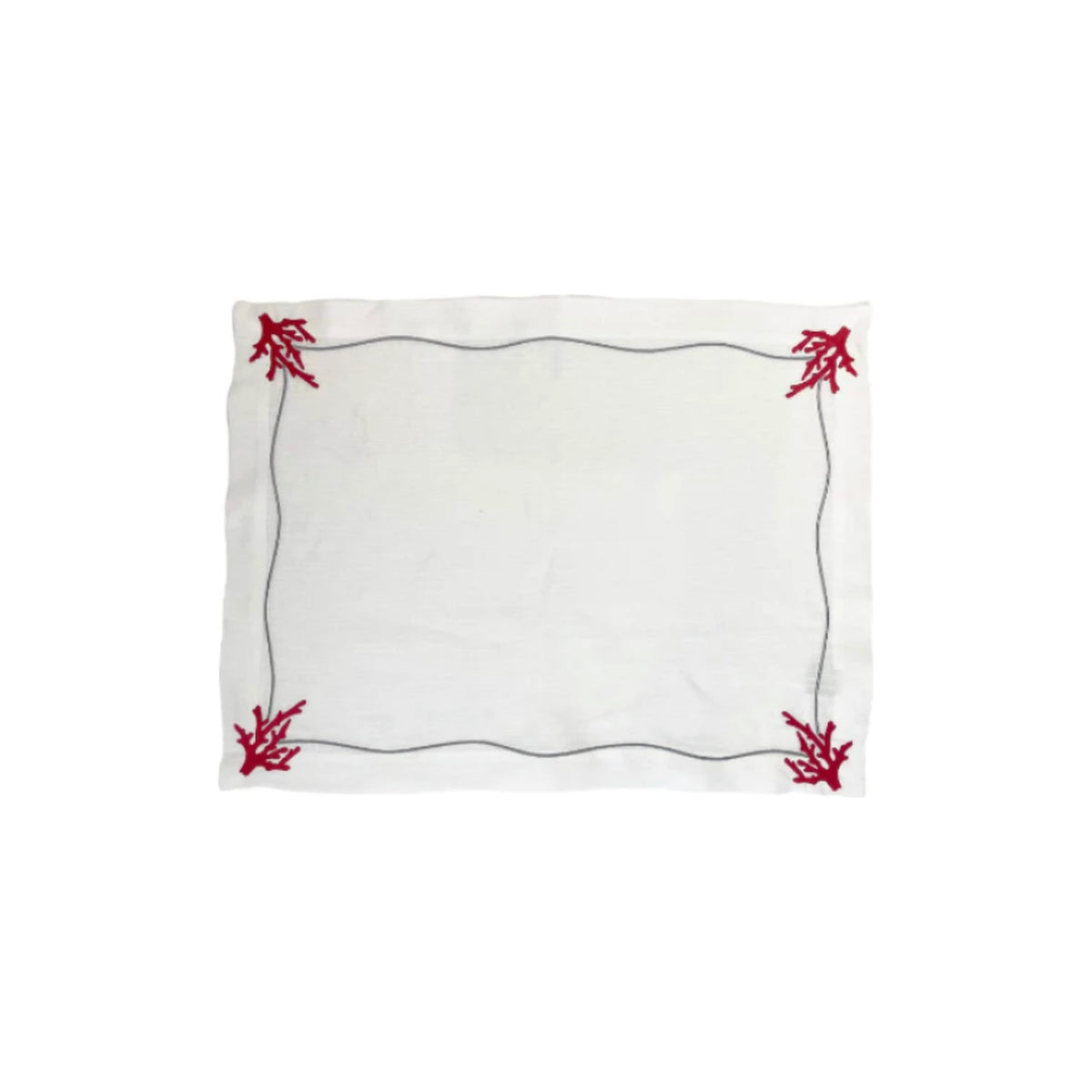 Red Coral Embroidered on White Linen with Silver boarder Placemats, set of 4, shown on a white background