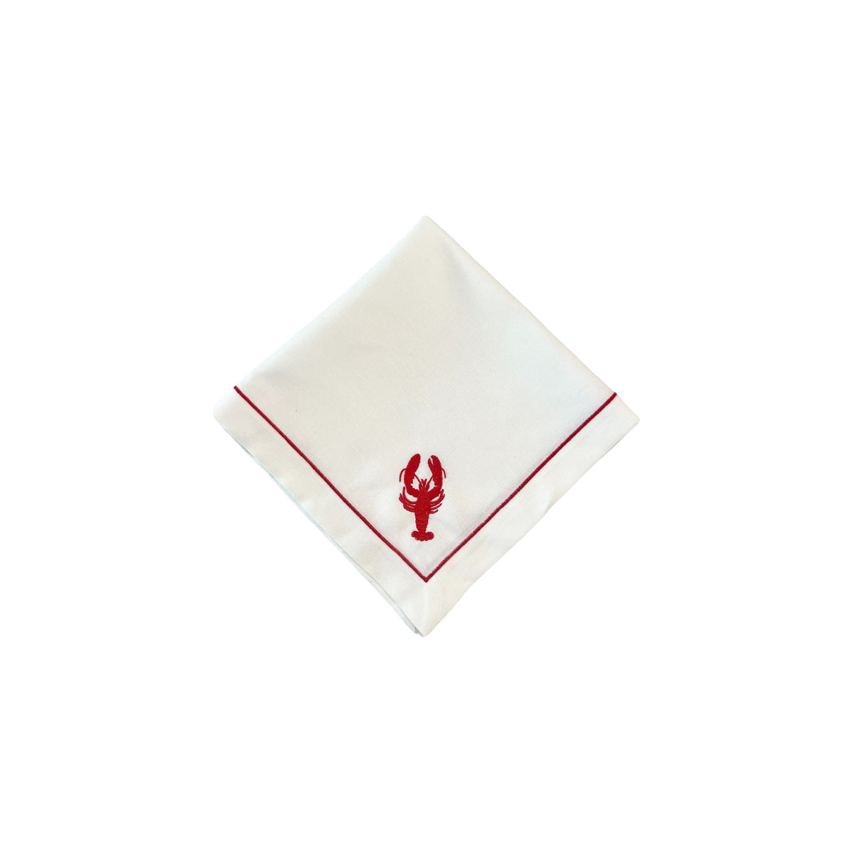 HAND EMBROIDERED RED LOBSTER ON WHITE LINEN DINNER NAPKINS, SET OF 4, shown on a white background