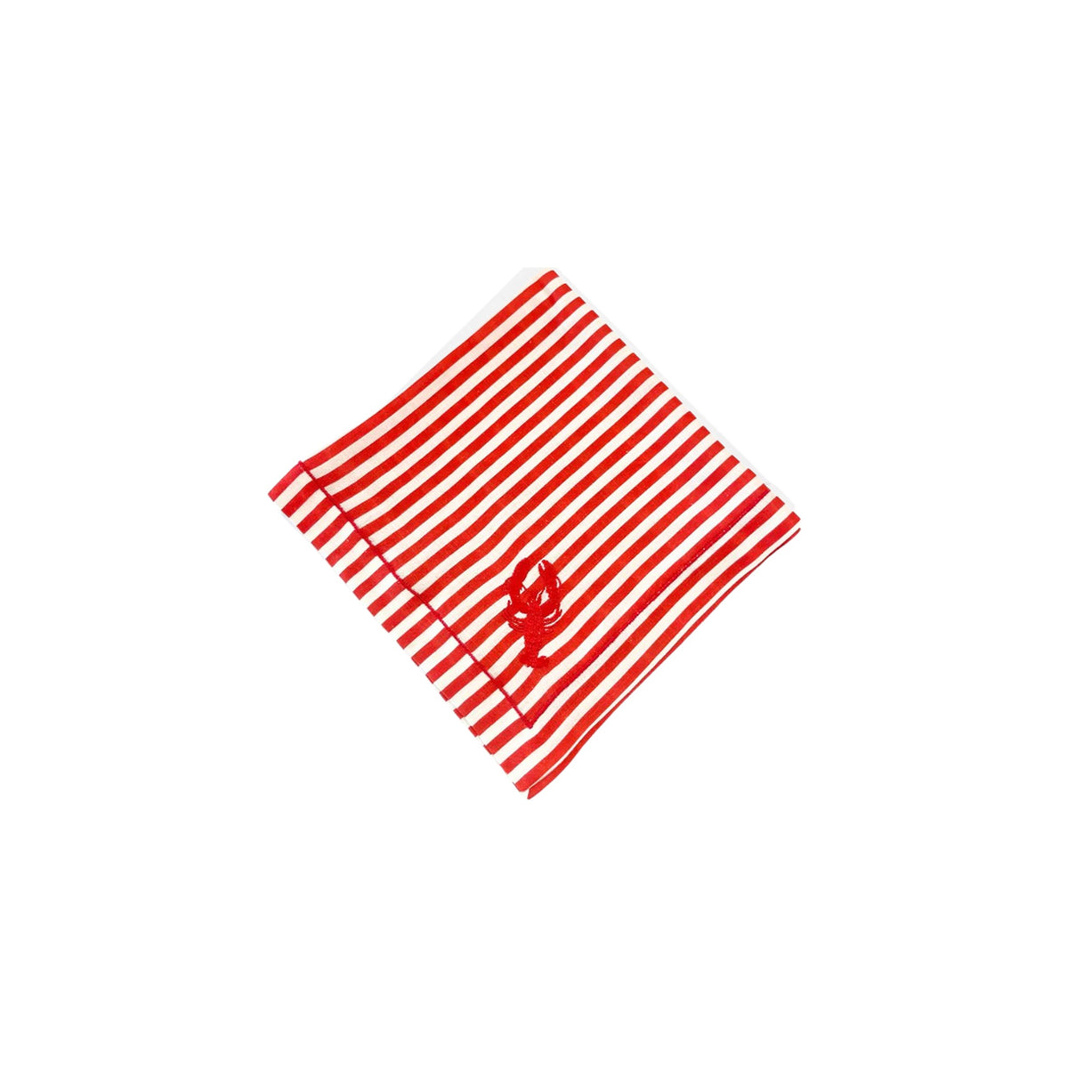 RED & WHITE STRIPED LINEN DINNER NAPKIN WITH RED LOBSTER EMBROIDERY DETAIL, SET OF 4, shown on a white background