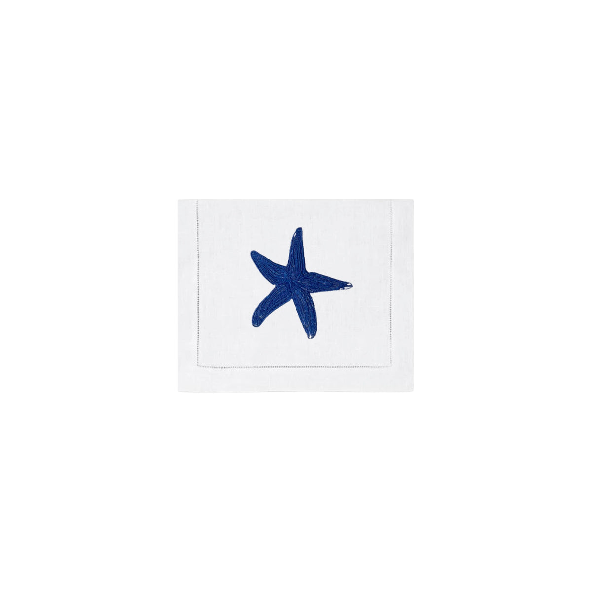 Blue Starfish on White Linen Cocktail Napkins, Set of 4, shown on a white background