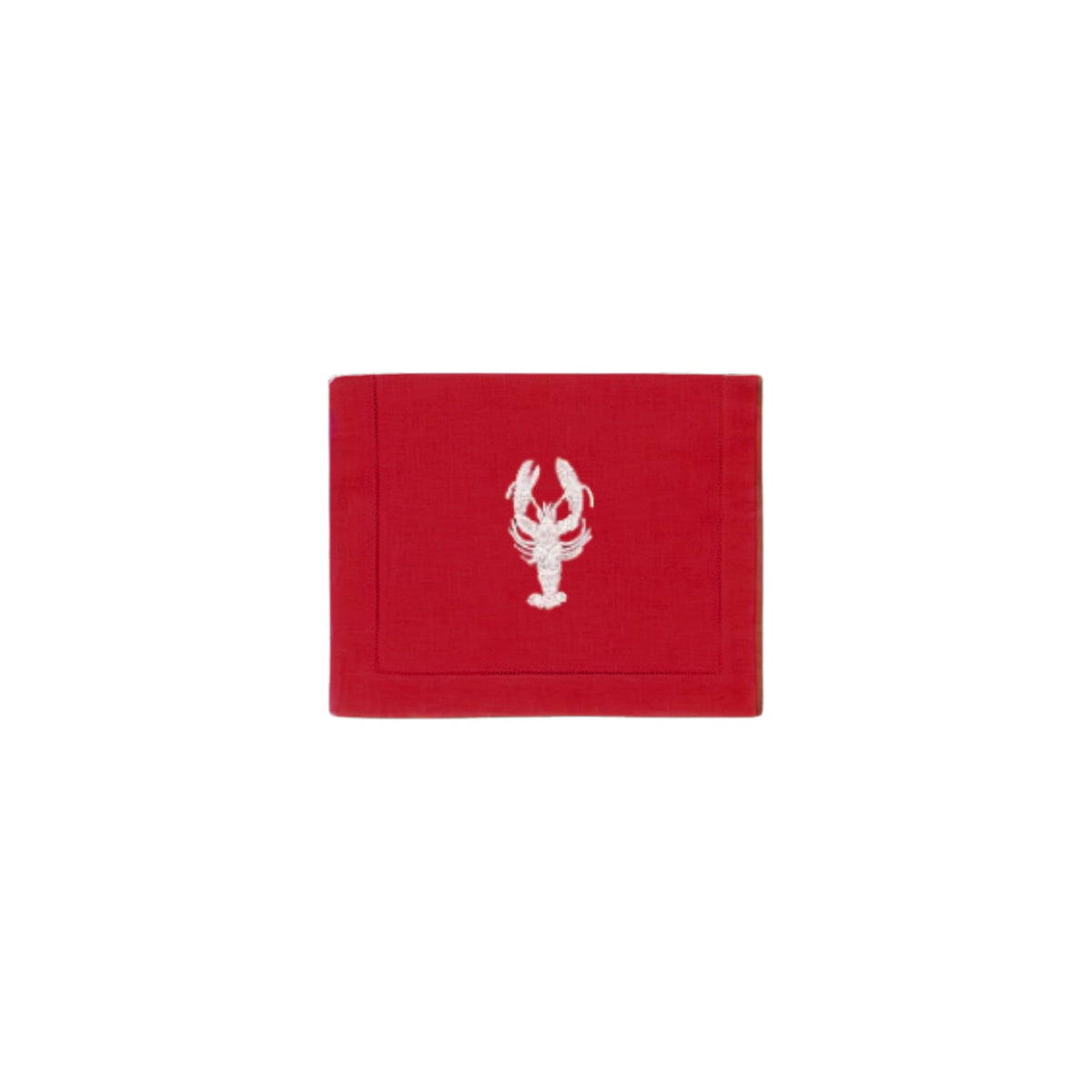 White Lobster on Red Linen Cocktail Napkins, Set of 4, shown on a white background