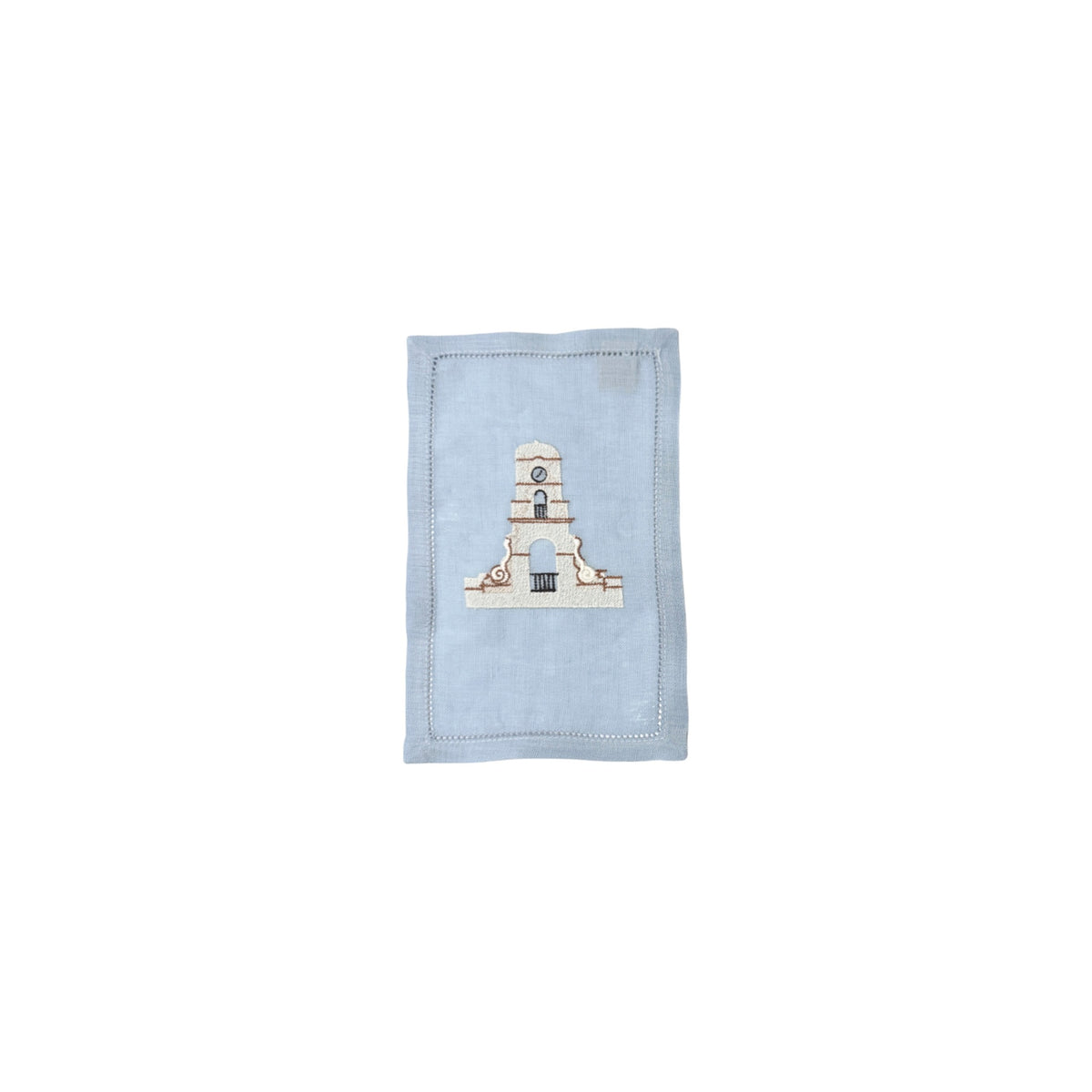 Clock Tower on Light Blue Linen Cocktail Napkins, Set of 4, shown on a white background