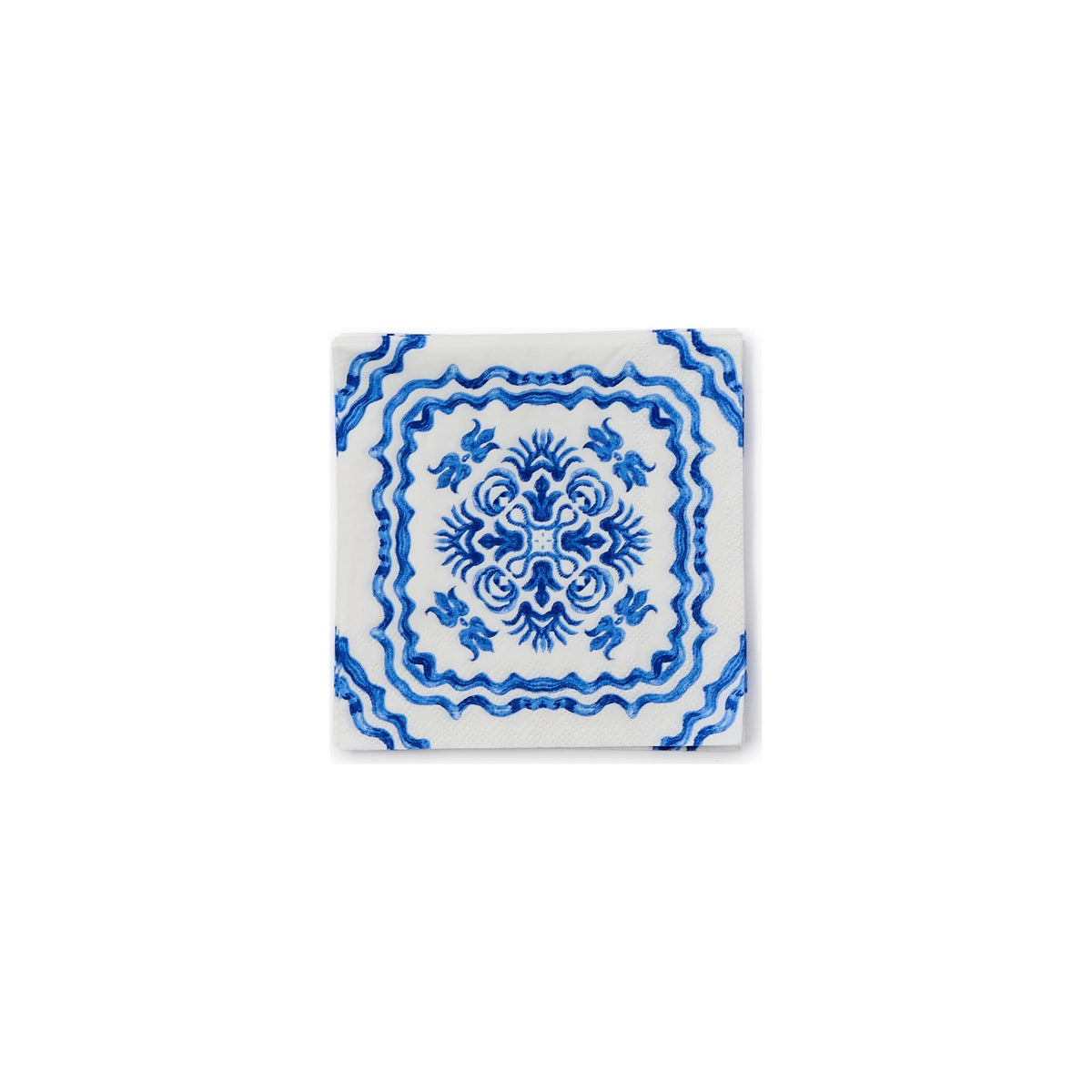 Blue Tile Block Print 3-Ply Paper Cocktail Napkin, shown on a white background