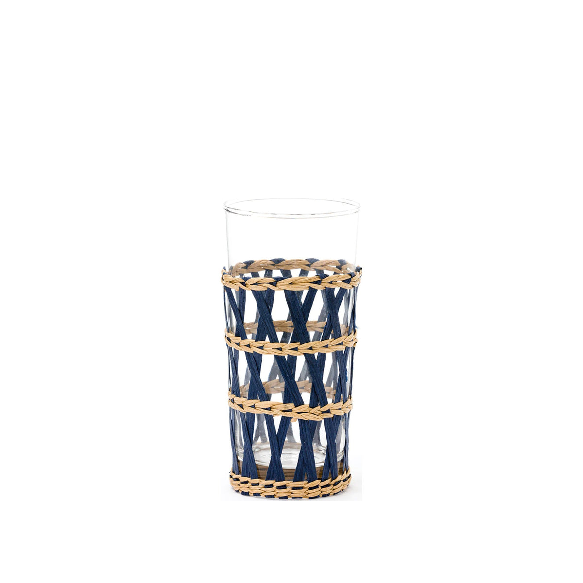 Single Navy Wicker Wrapped Highball Tea Glass, shown alone on a white background