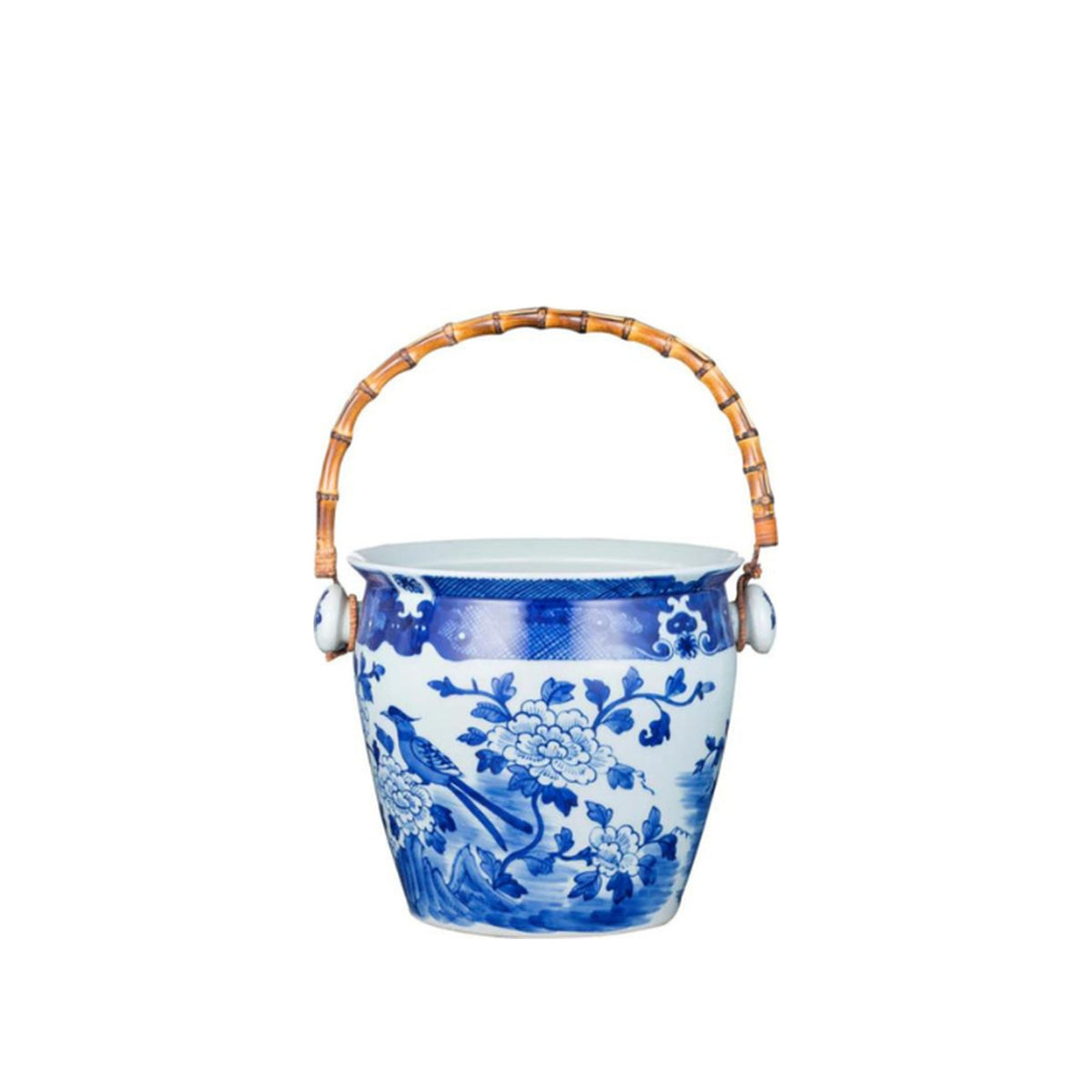 Porcelain Bird Floral Wine Bucket With Bamboo Handle, shown on a white background