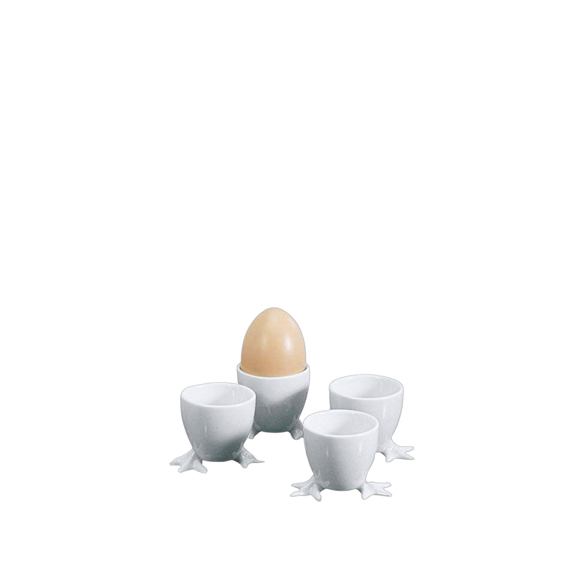 White Porcelain Egg Cups with Whimsical Chicken Feet, Set of 4, shown on a white background
