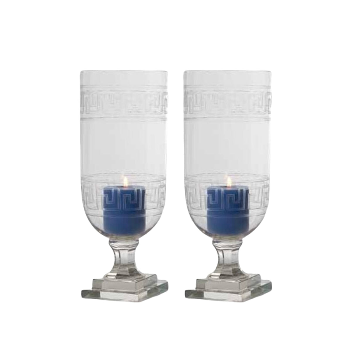 A Pair, Extra Large Greek Key Hurricanes, shown on a white background