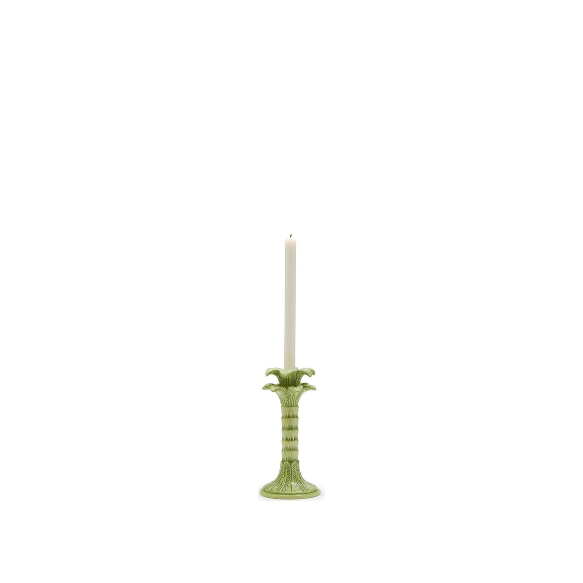 Ceramic Green Palm Leaf Taper Candlestick Candleholder, shown on a white background