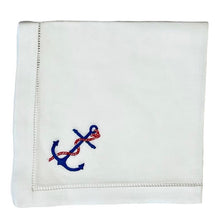 Hand Embroidered Red and Blue Anchor Linen and Cotton Luncheon Napkins, Set of 4