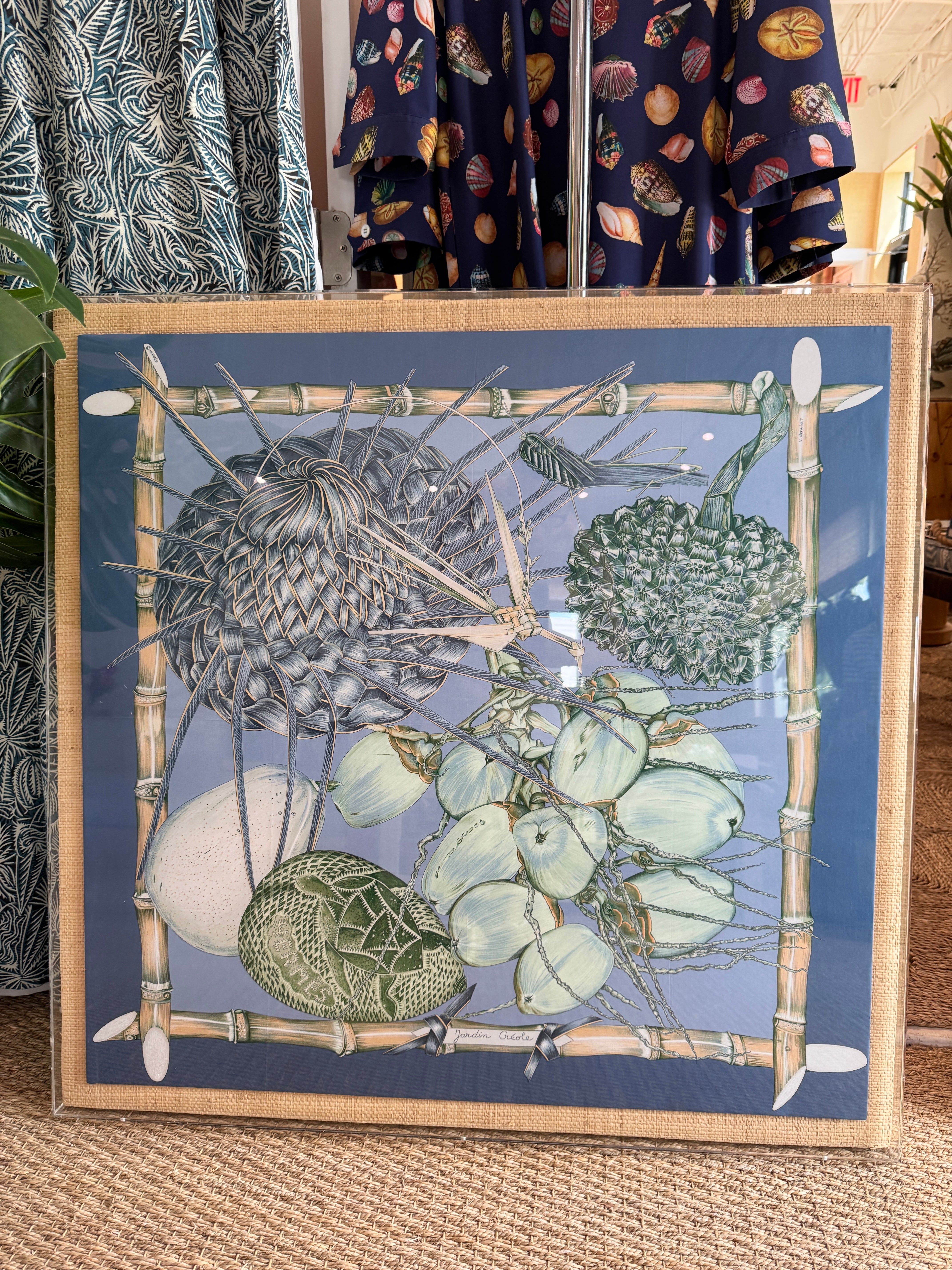 Framed Vintage Hermes Silk Scarf on Grasscloth in Acrylic