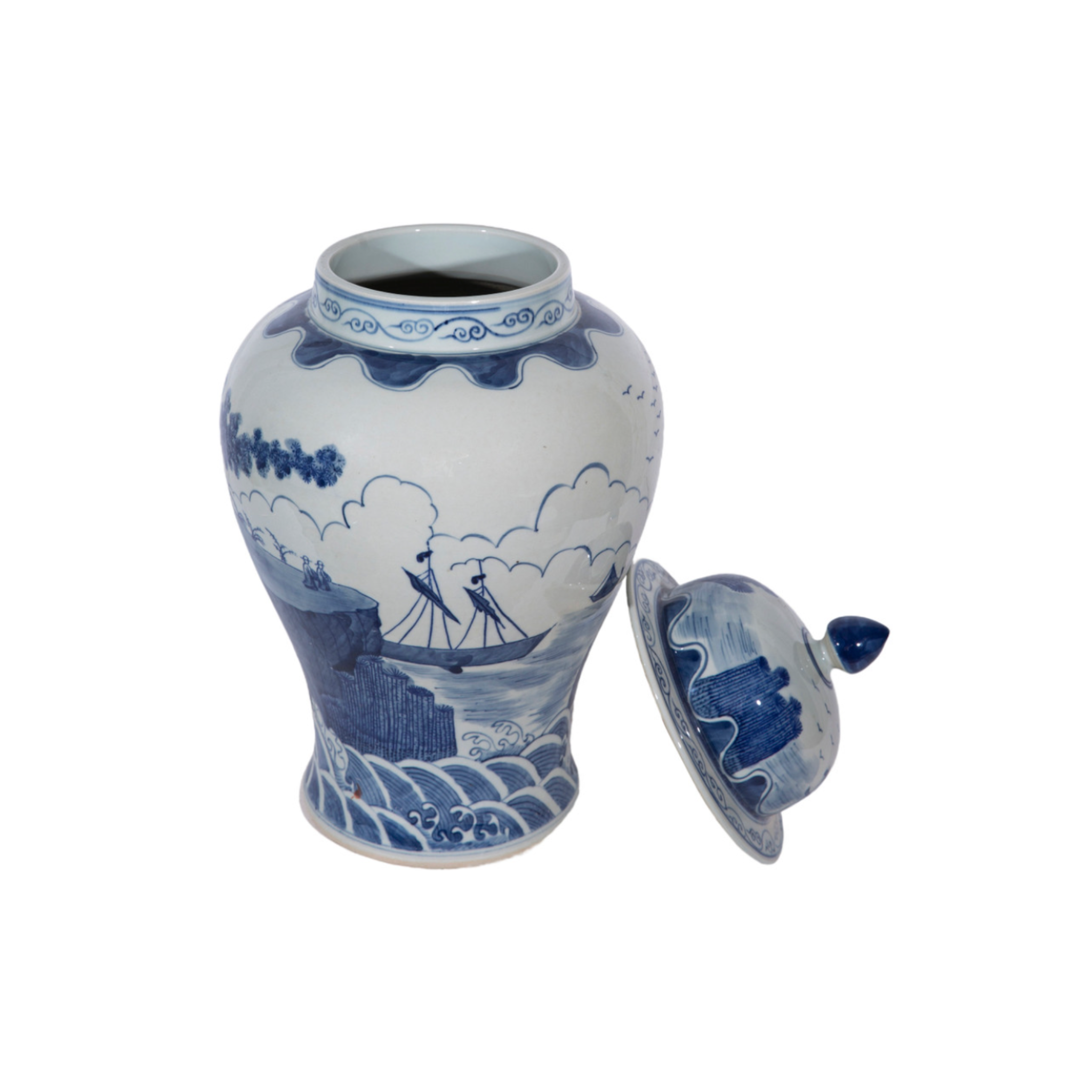 Blue And White Sail Boat Temple Jar