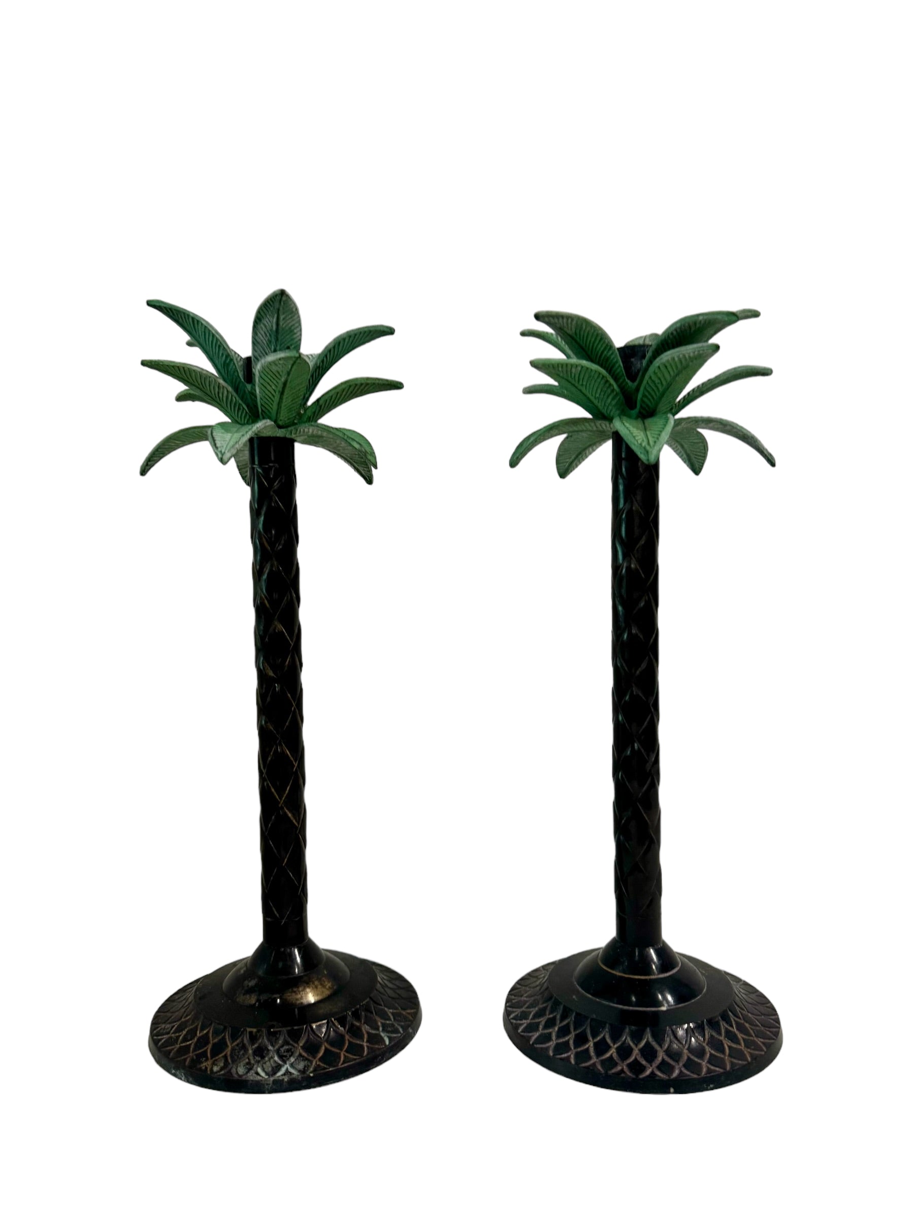 A Pair, Celedon Iron Palm Tree Candle Sticks