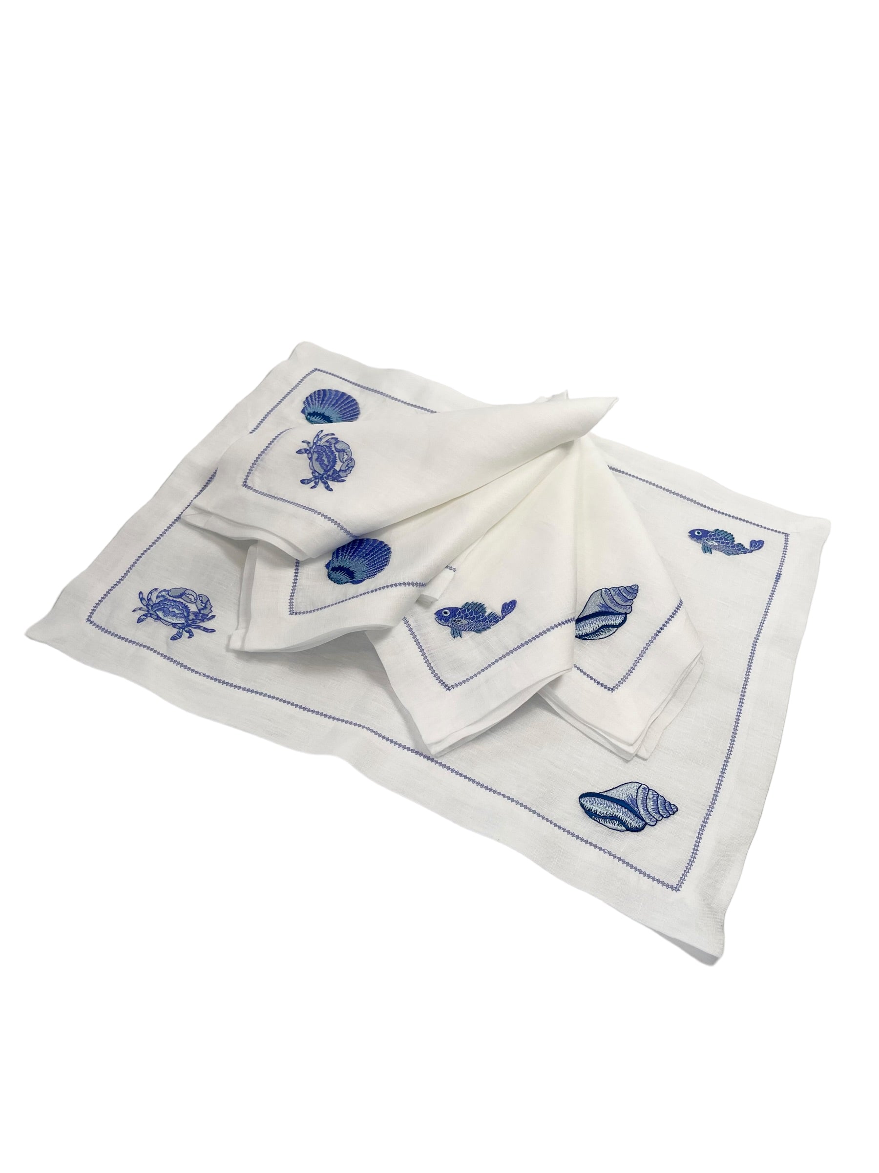 Mixed Sea Life Embroidered on White Linen with Fresh Blue Hem Stitch Placemats, Set of 4