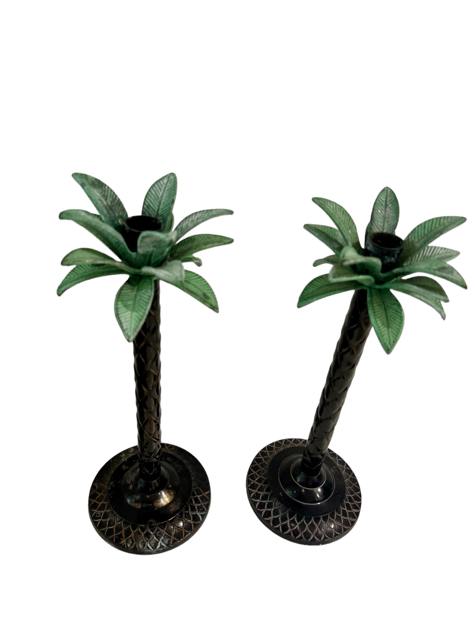 A Pair, Celedon Iron Palm Tree Candle Sticks