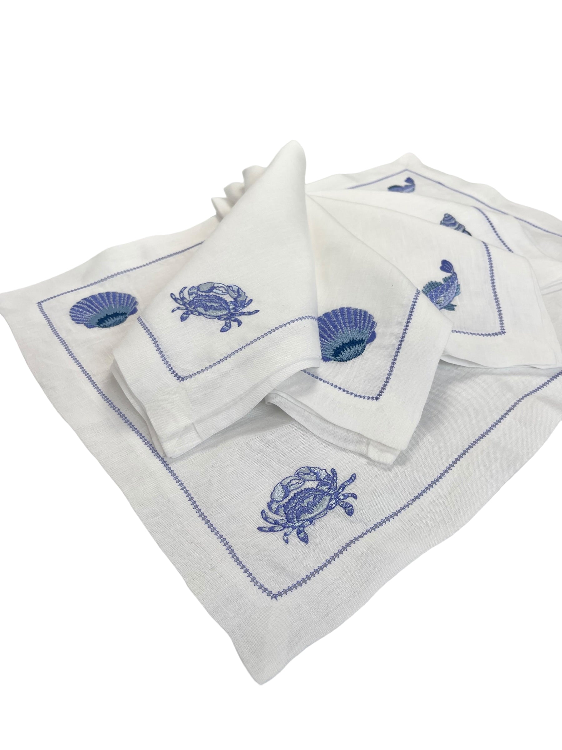 Mixed Sea Life Embroidered on White Linen & Fresh Blue Hem Stitch Dinner Napkins, Set of 4