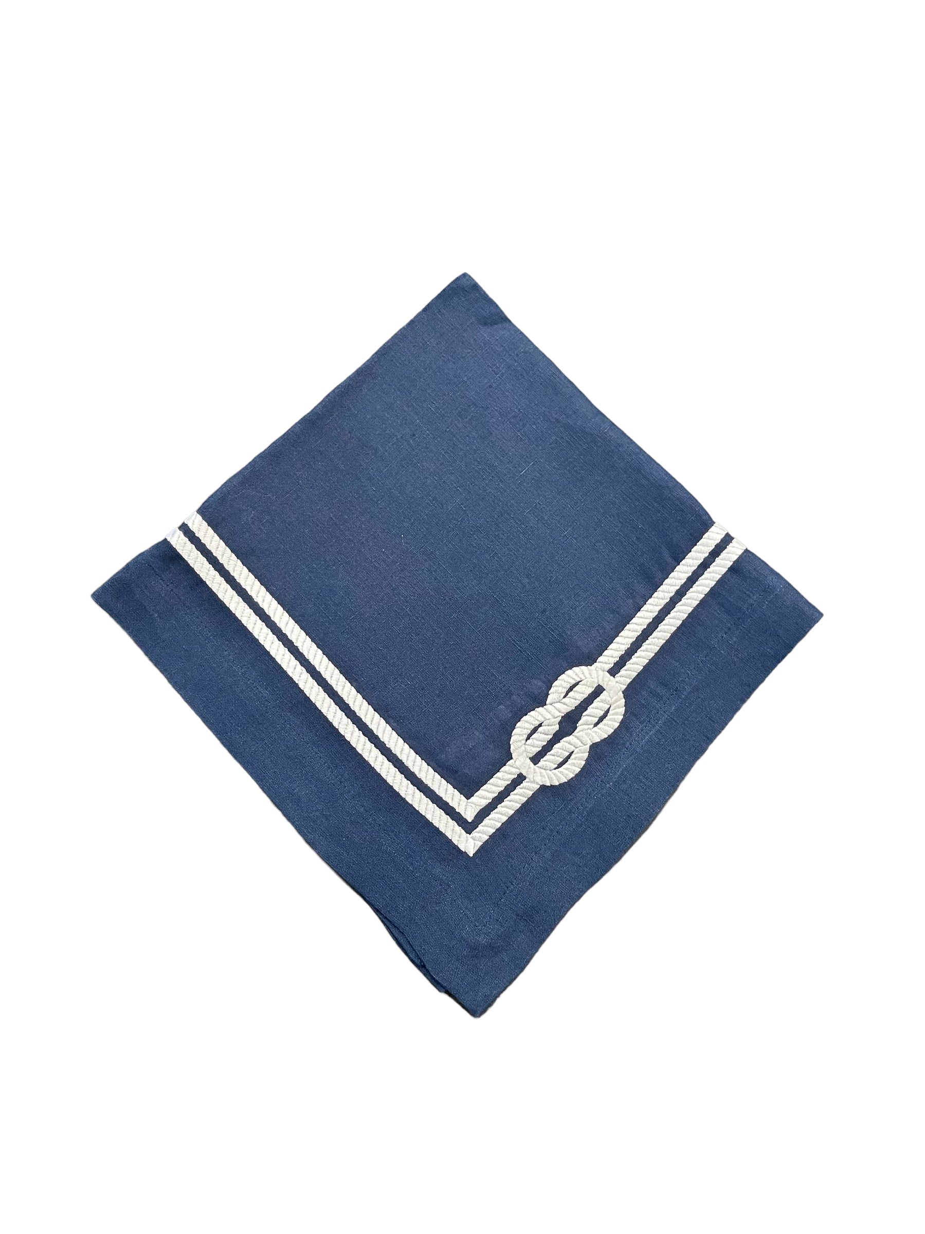 Navy Blue Linen with Hand Embroidered White Rope Dinner Napkins, Set of 4