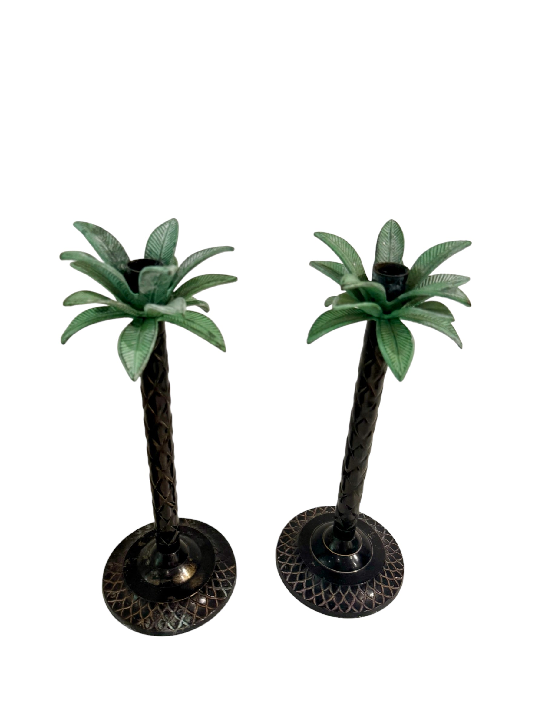 A Pair, Celedon Iron Palm Tree Candle Sticks