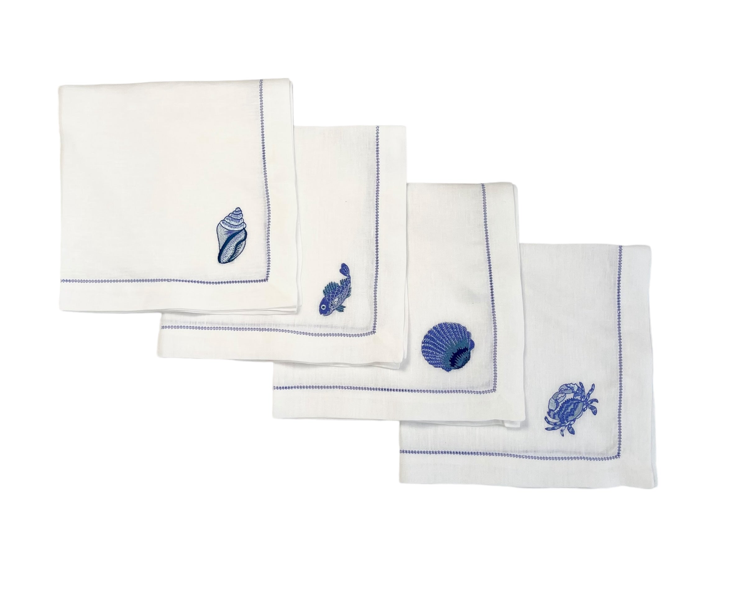 Mixed Sea Life Embroidered on White Linen & Fresh Blue Hem Stitch Dinner Napkins, Set of 4