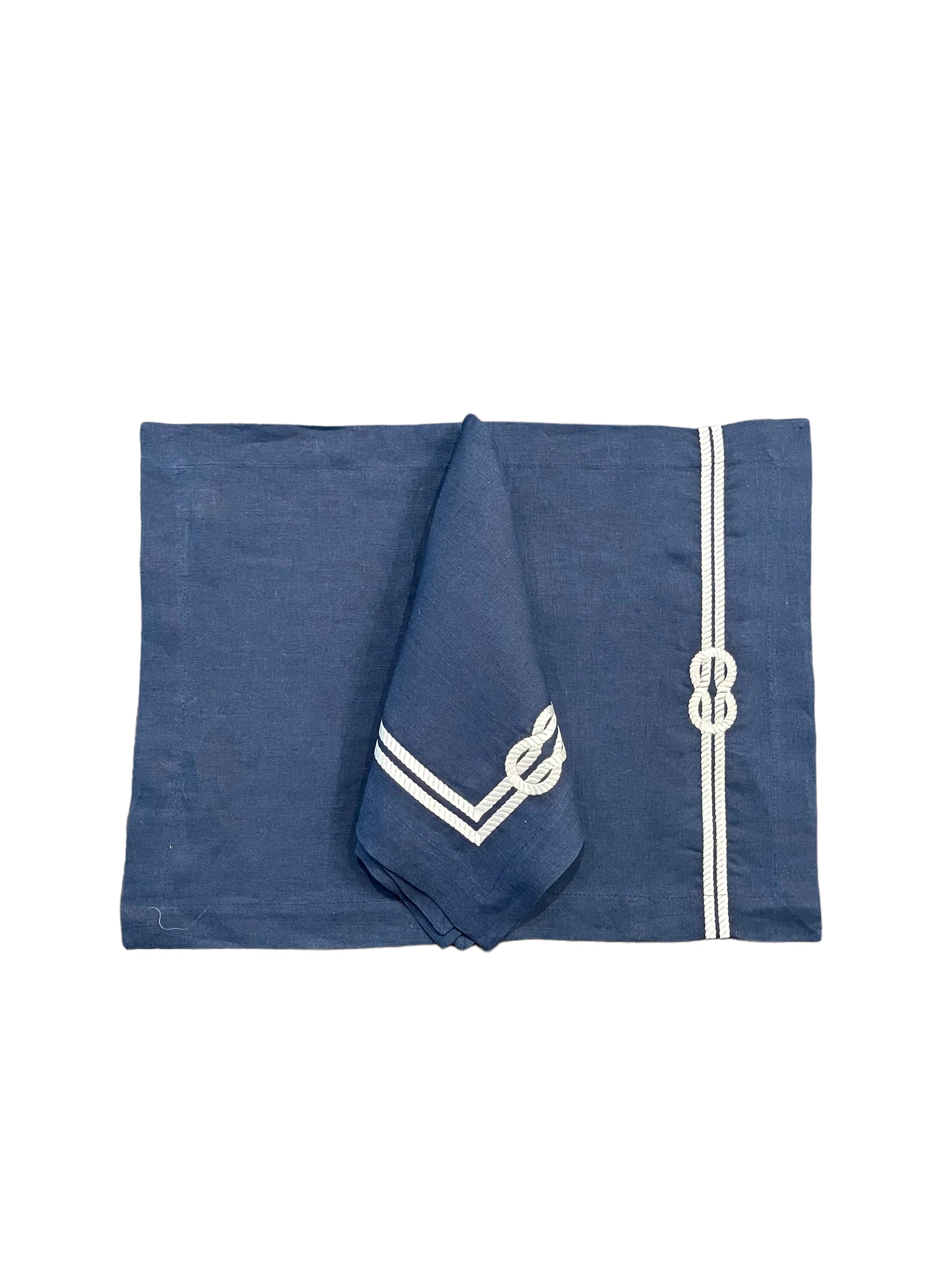 Navy Blue Linen with Hand Embroidered White Rope Dinner Napkins, Set of 4