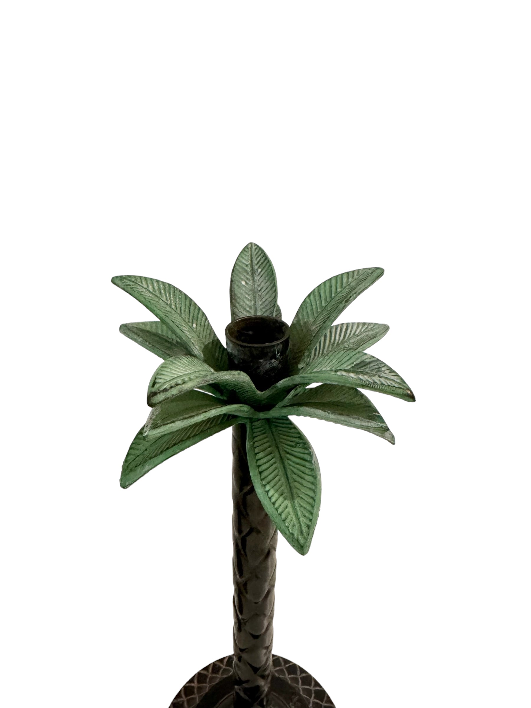 A Pair, Celedon Iron Palm Tree Candle Sticks