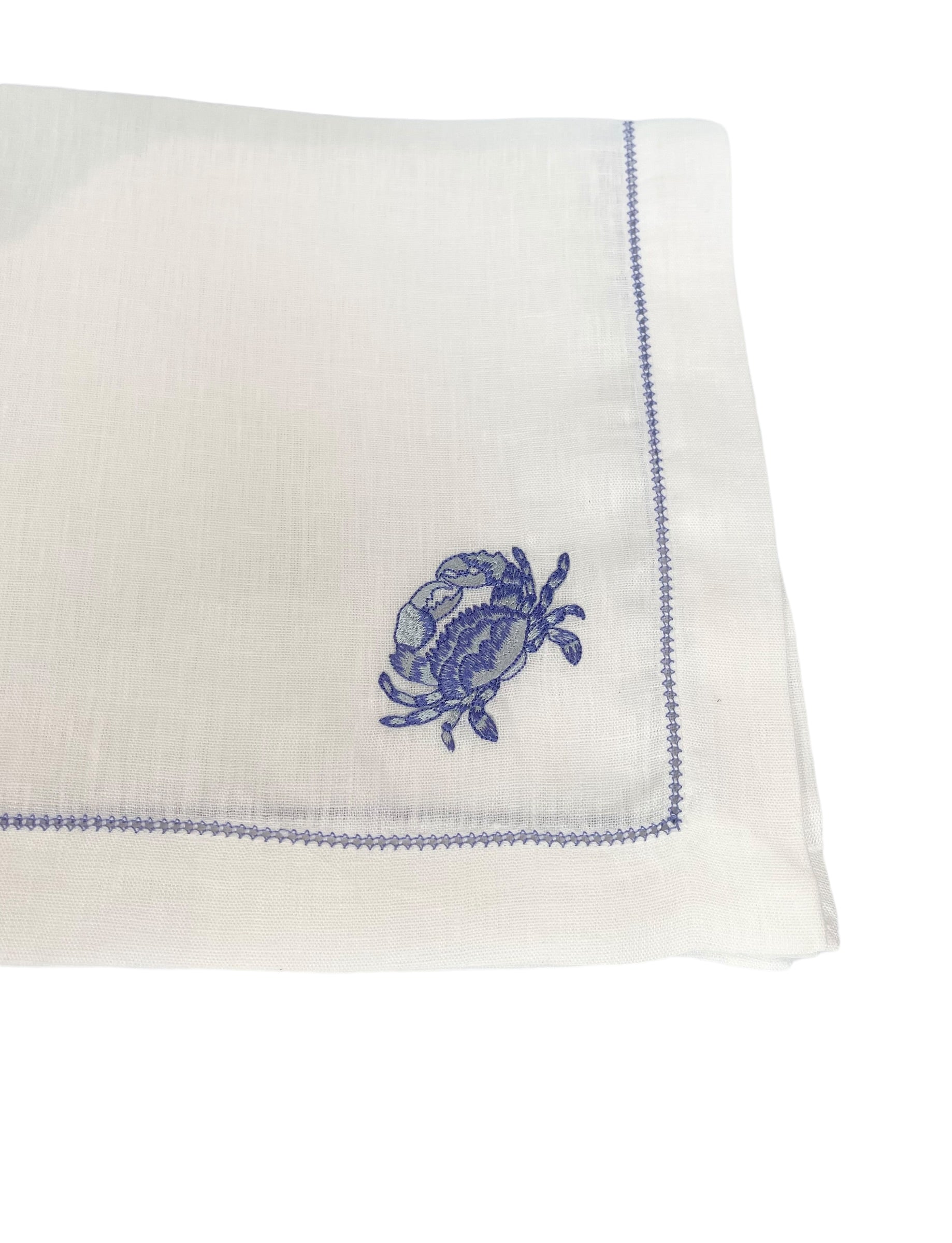 Mixed Sea Life Embroidered on White Linen & Fresh Blue Hem Stitch Dinner Napkins, Set of 4