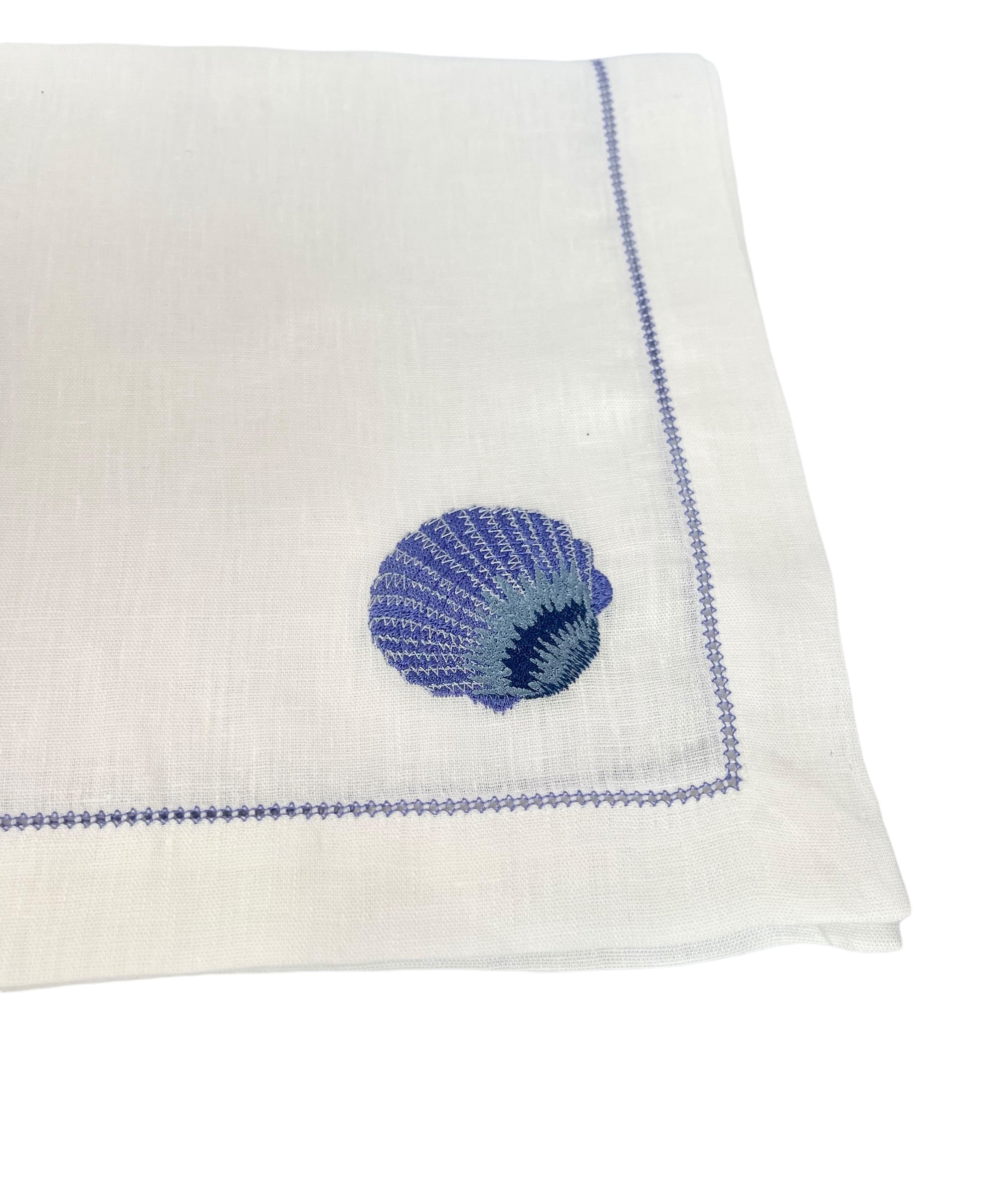 Mixed Sea Life Embroidered on White Linen & Fresh Blue Hem Stitch Dinner Napkins, Set of 4