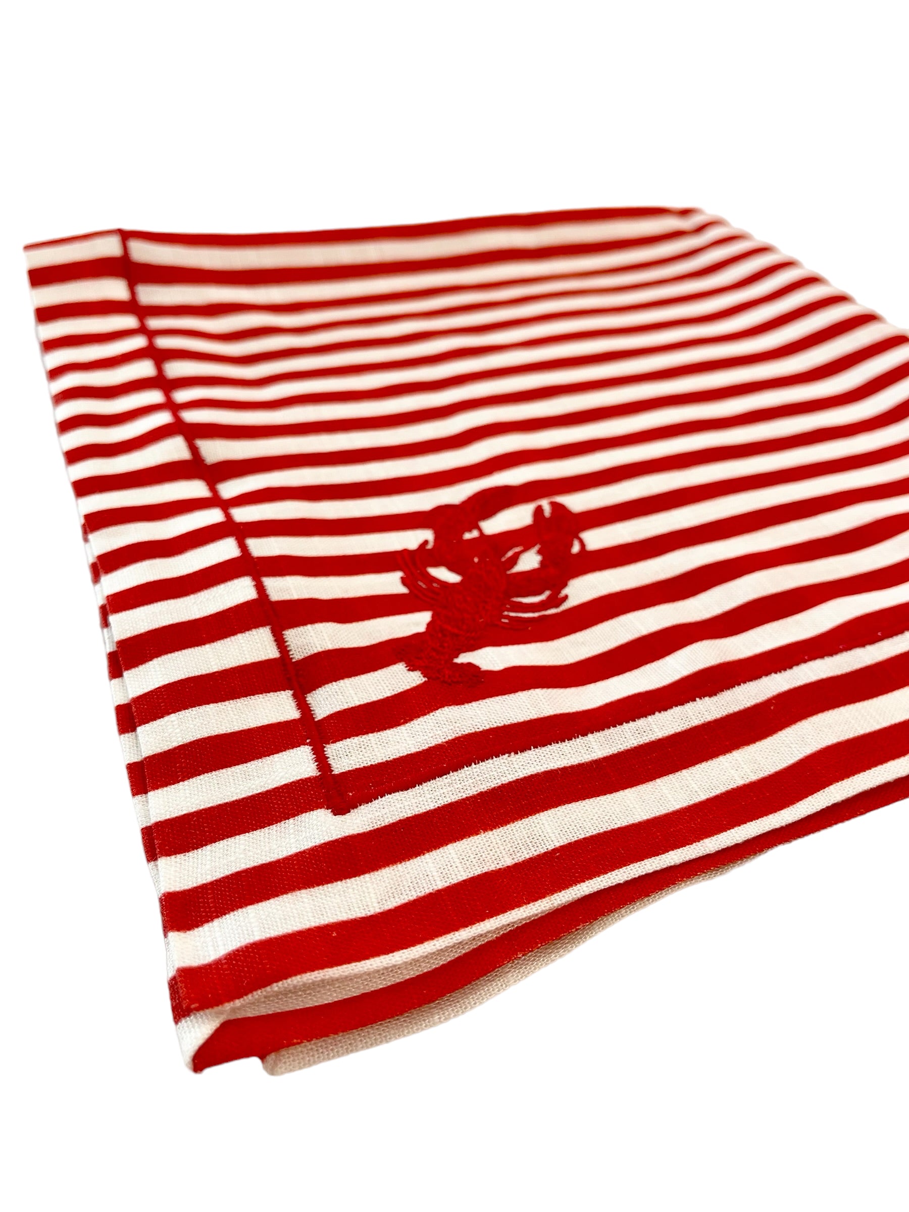 RED & WHITE STRIPED LINEN DINNER NAPKIN WITH RED LOBSTER EMBROIDERY DETAIL, SET OF 4