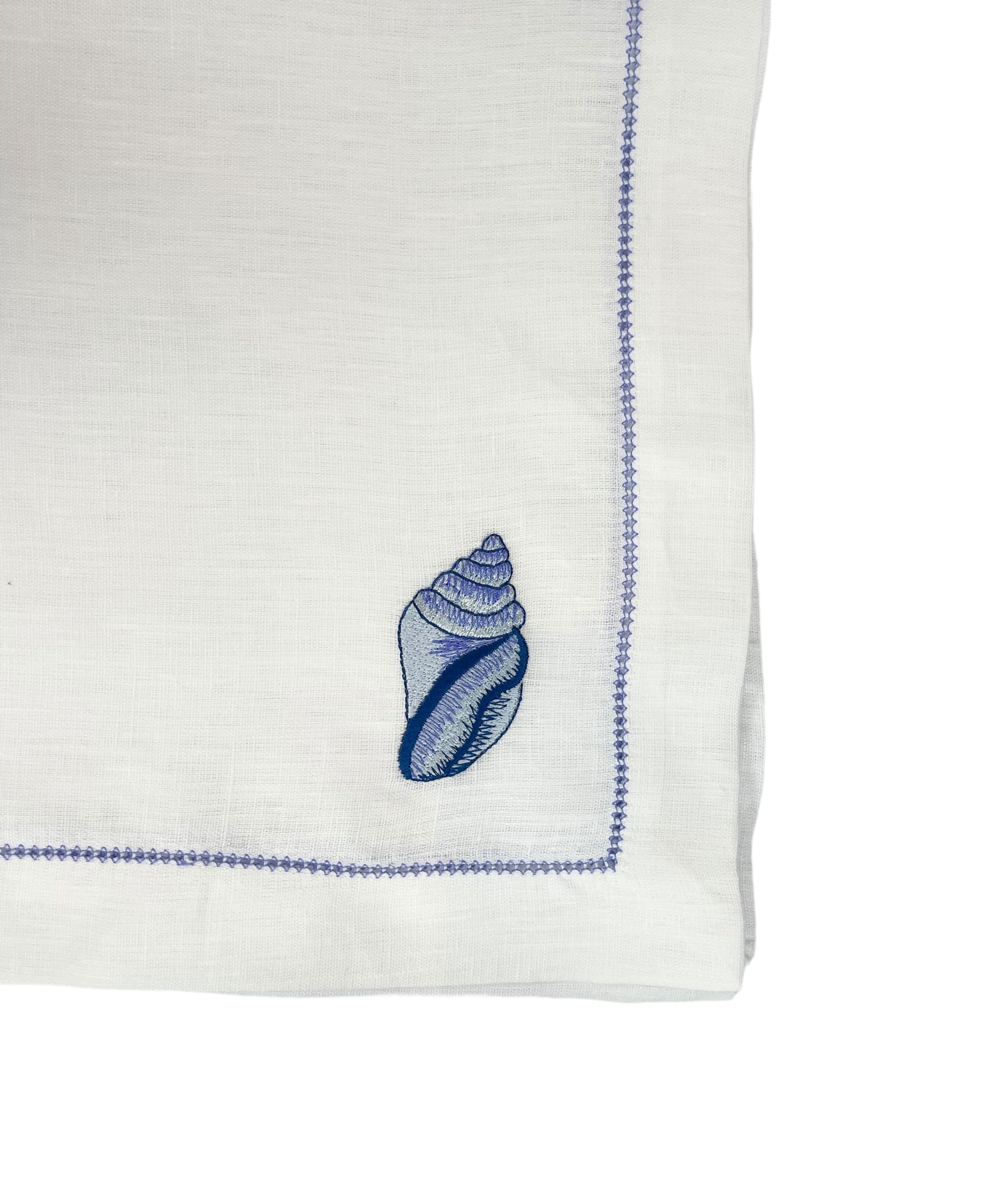 Mixed Sea Life Embroidered on White Linen & Fresh Blue Hem Stitch Dinner Napkins, Set of 4