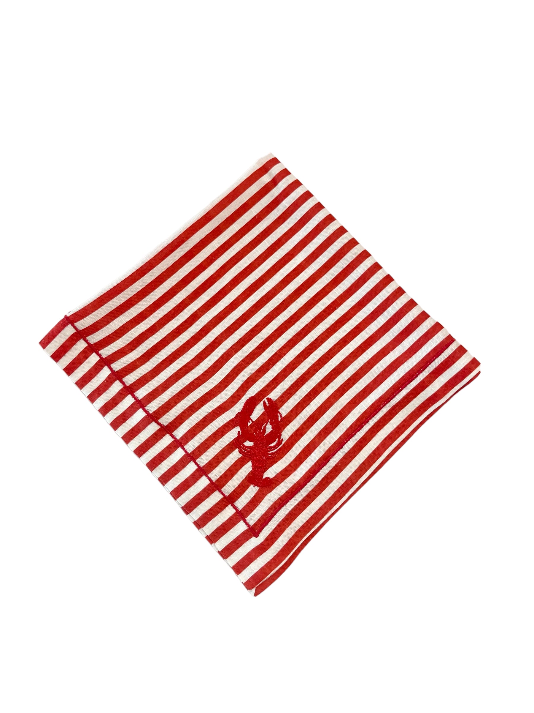 RED & WHITE STRIPED LINEN DINNER NAPKIN WITH RED LOBSTER EMBROIDERY DETAIL, SET OF 4