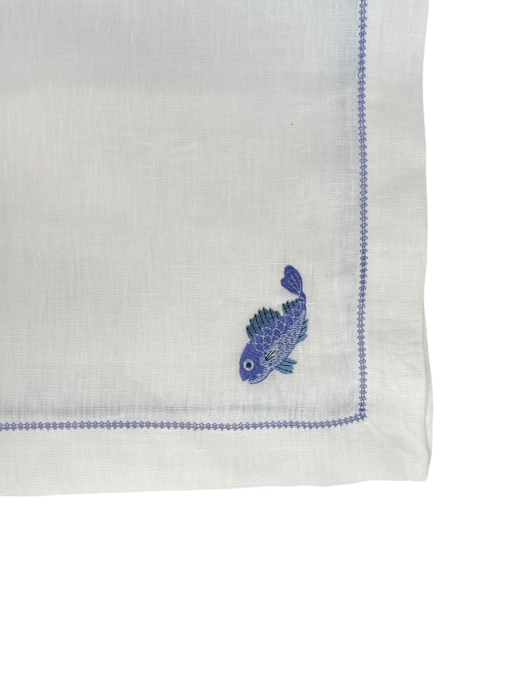 Mixed Sea Life Embroidered on White Linen & Fresh Blue Hem Stitch Dinner Napkins, Set of 4