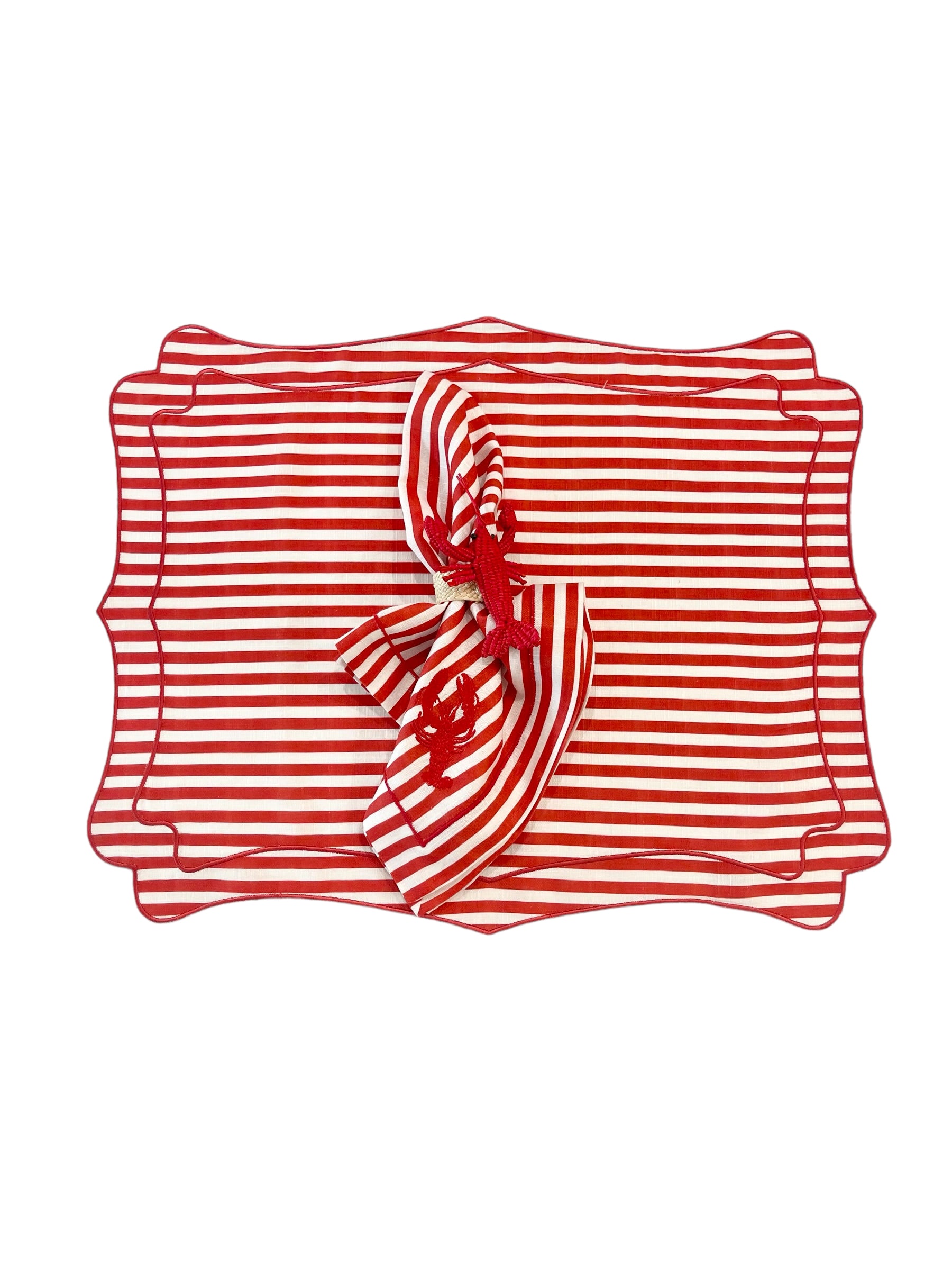 RED & WHITE STRIPED LINEN DINNER NAPKIN WITH RED LOBSTER EMBROIDERY DETAIL, SET OF 4