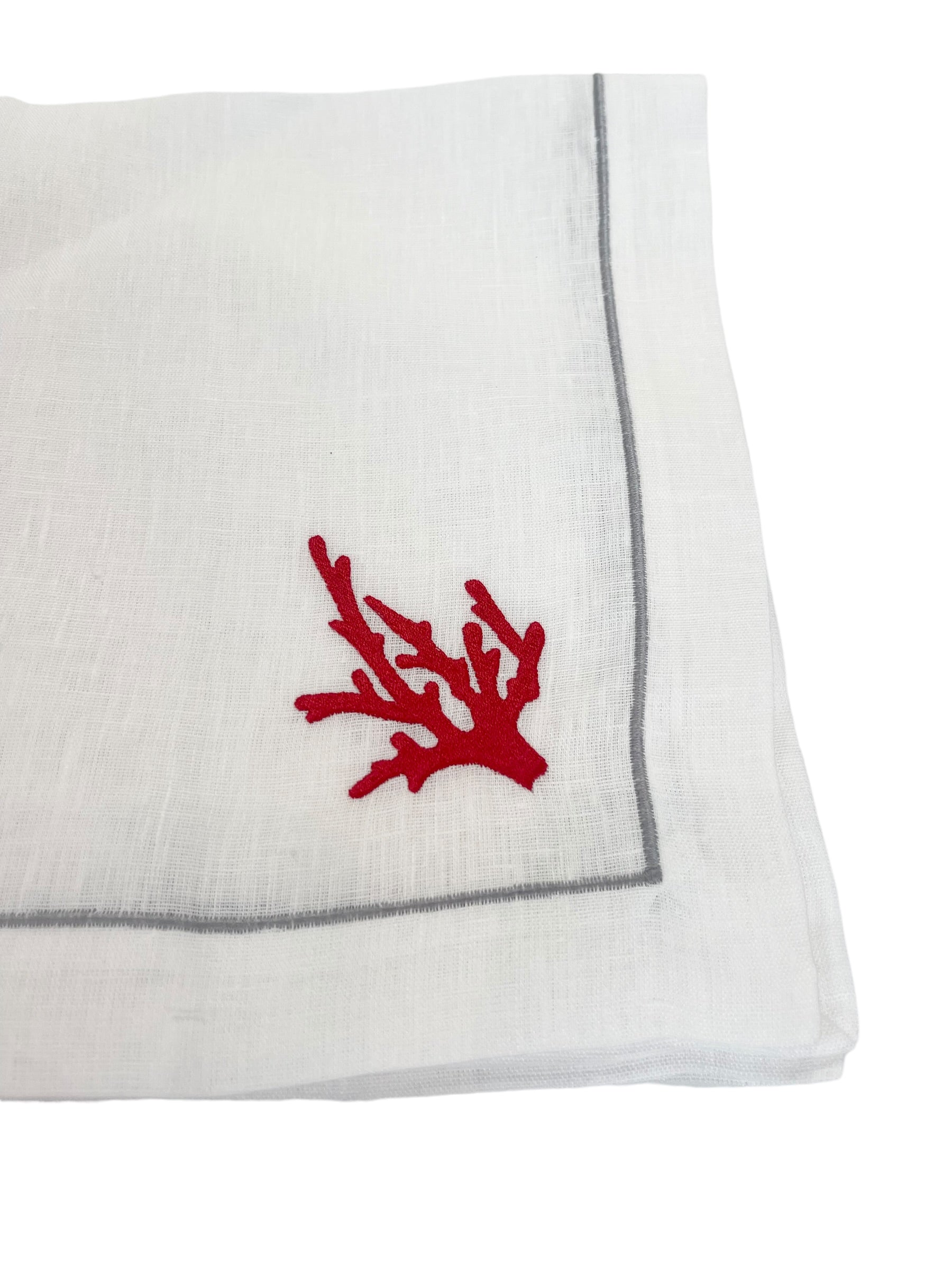 Red Coral Embroidered on White Linen with Silver boarder Dinner Napkins, set of 4