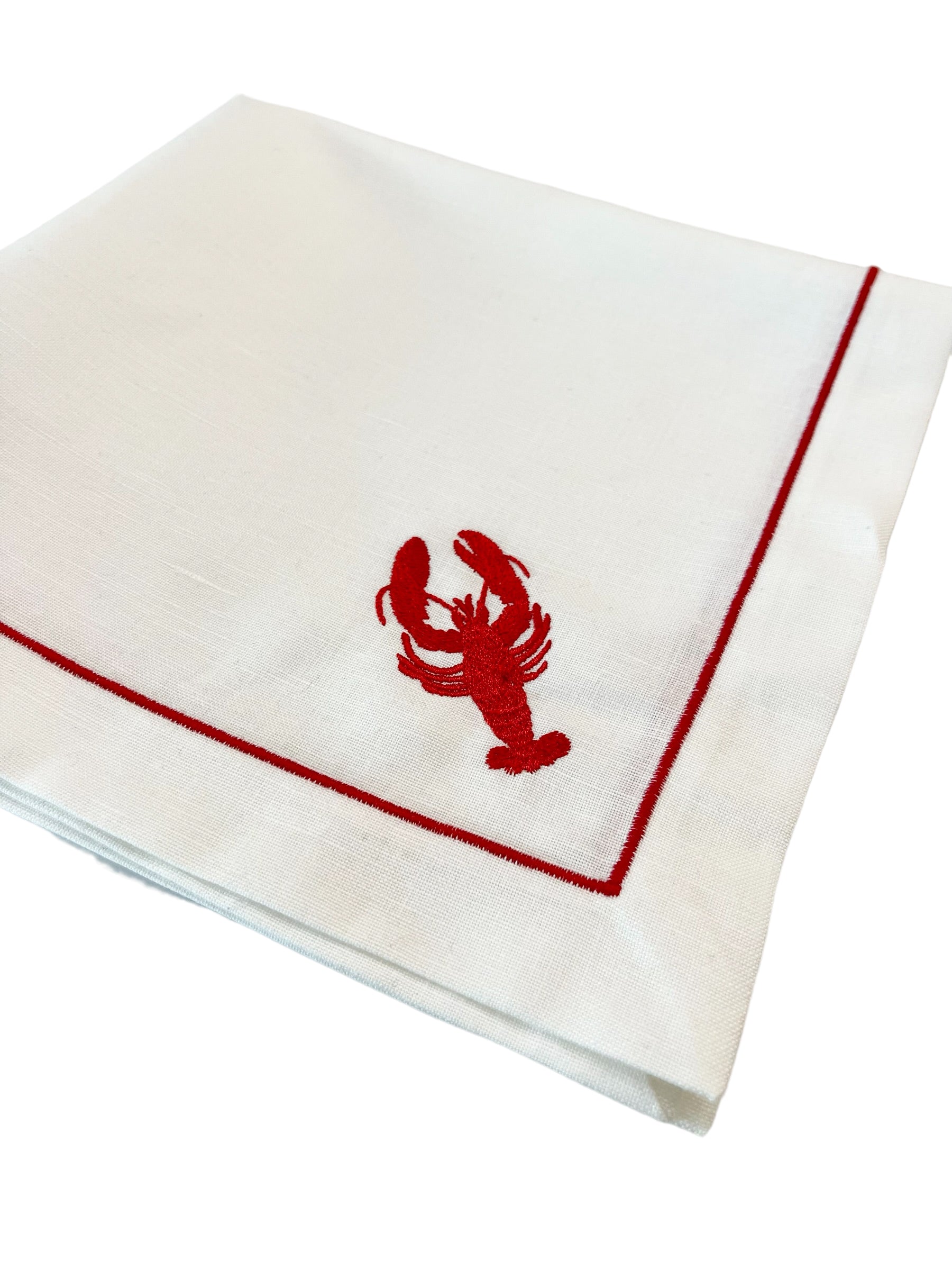 HAND EMBROIDERED RED LOBSTER ON WHITE LINEN DINNER NAPKINS, SET OF 4