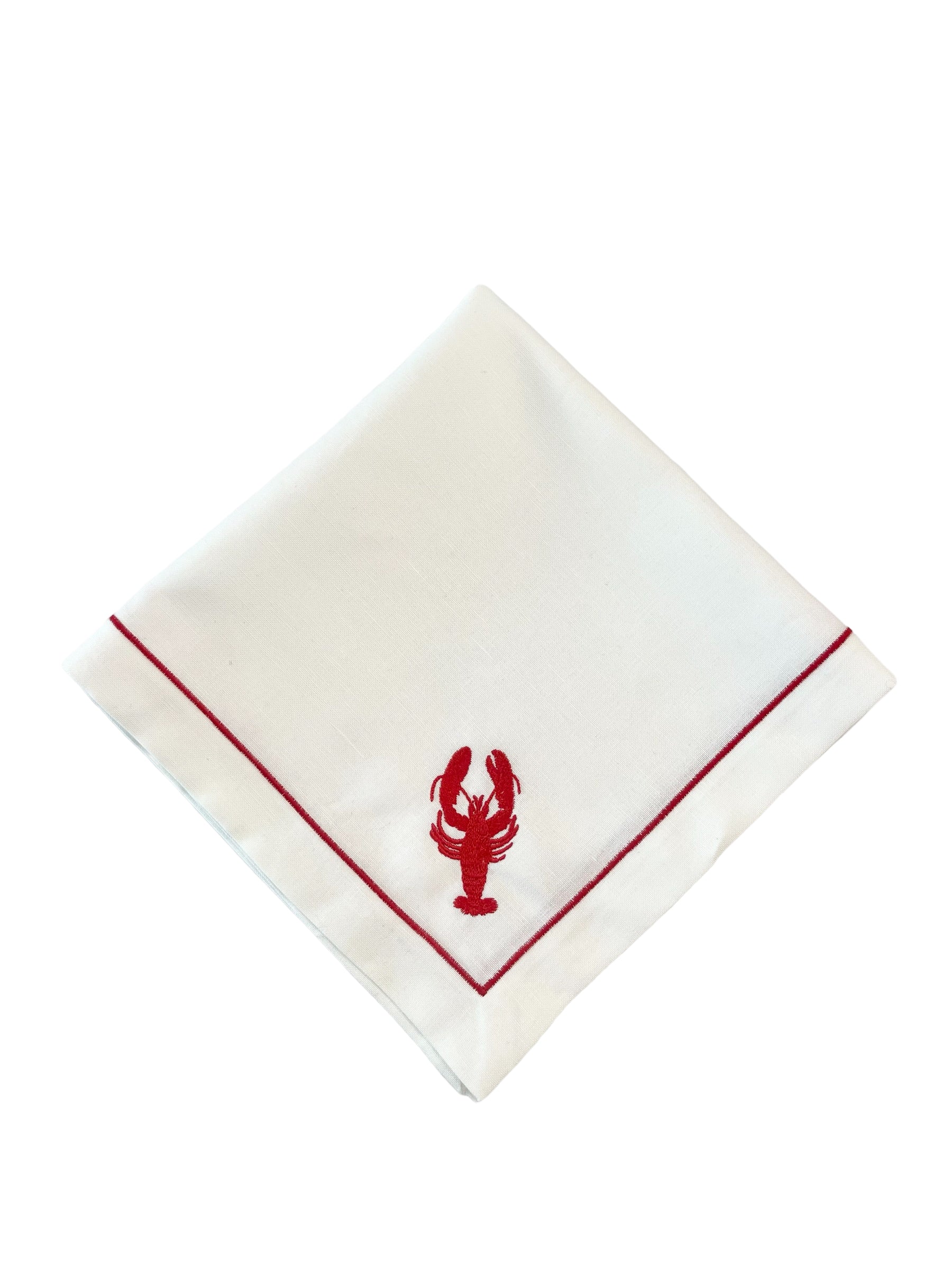 HAND EMBROIDERED RED LOBSTER ON WHITE LINEN DINNER NAPKINS, SET OF 4