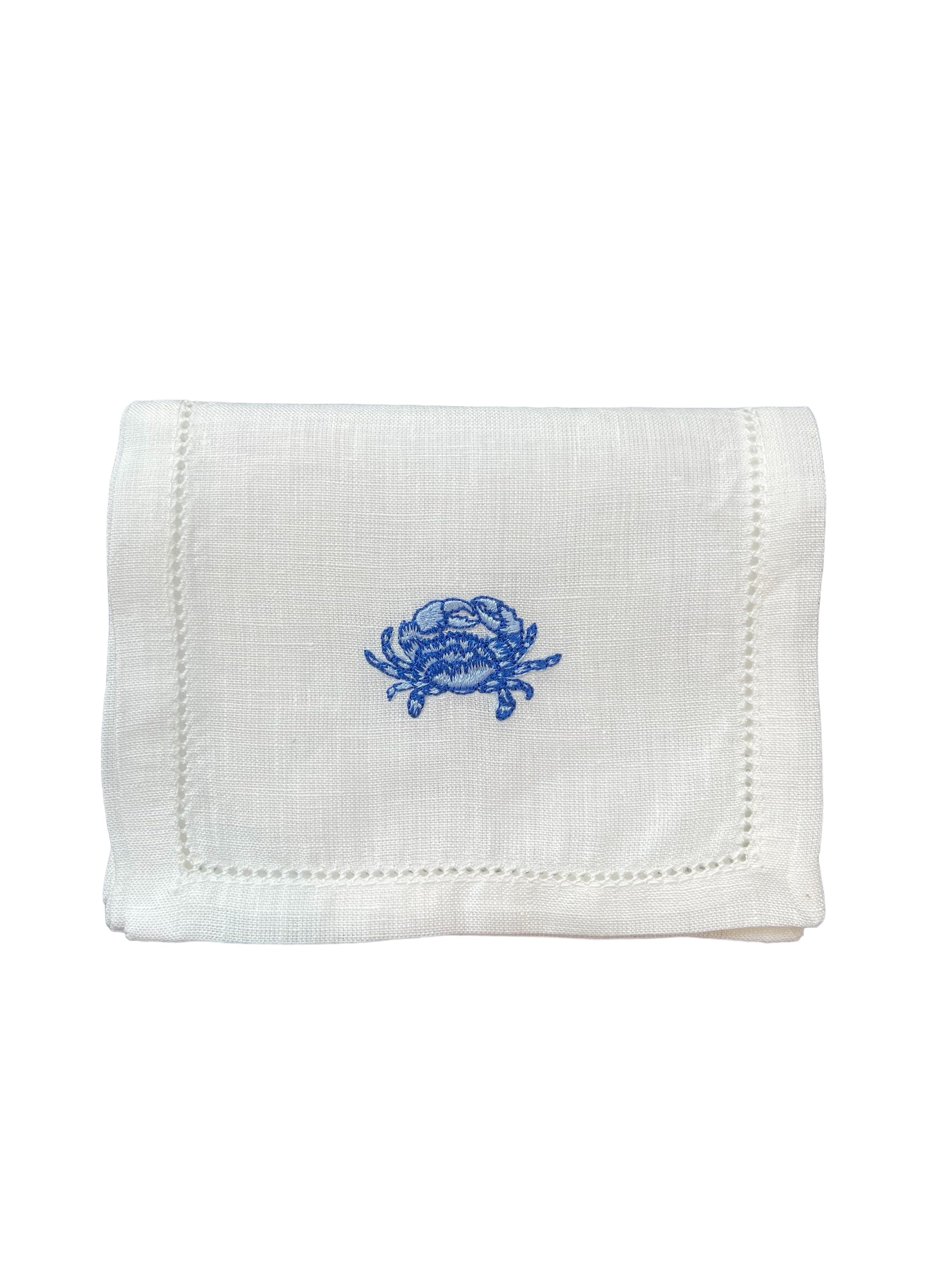 Blue Crab on White Linen Cocktail Napkins, Set of 4