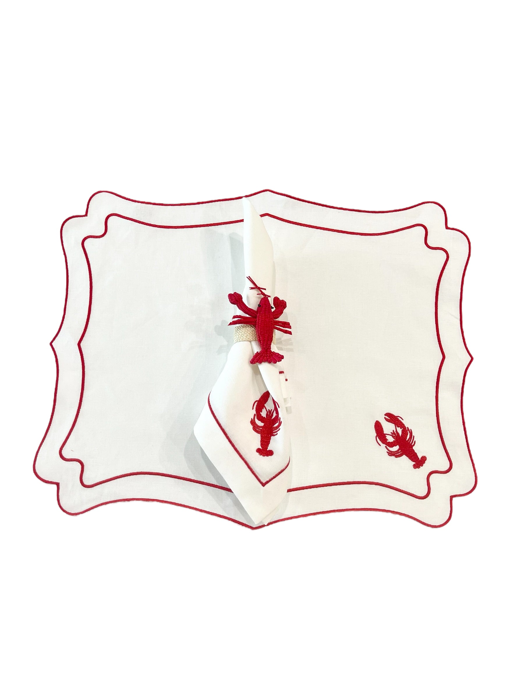 HAND EMBROIDERED RED LOBSTER ON WHITE LINEN DINNER NAPKINS, SET OF 4