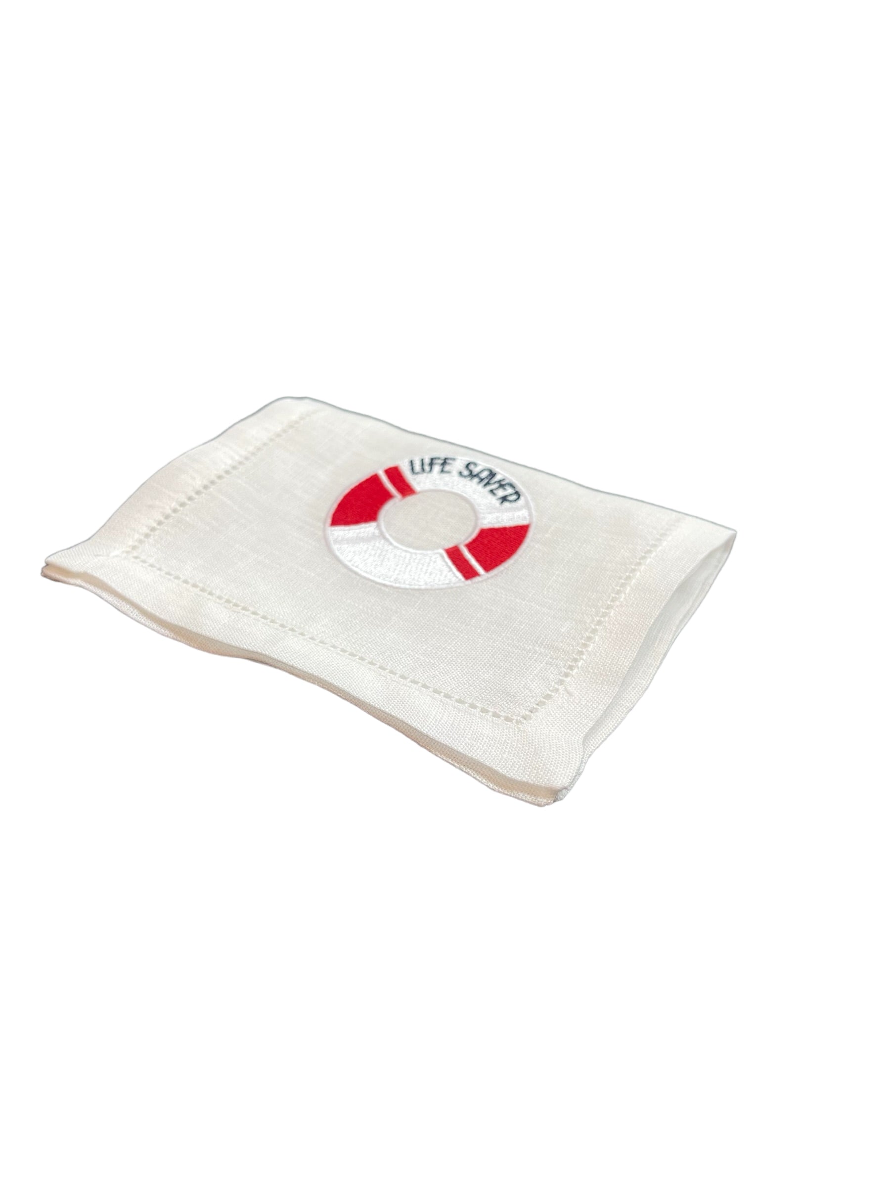 Embroidered Life Saver on White Linen Cocktail Napkins, Set of 4