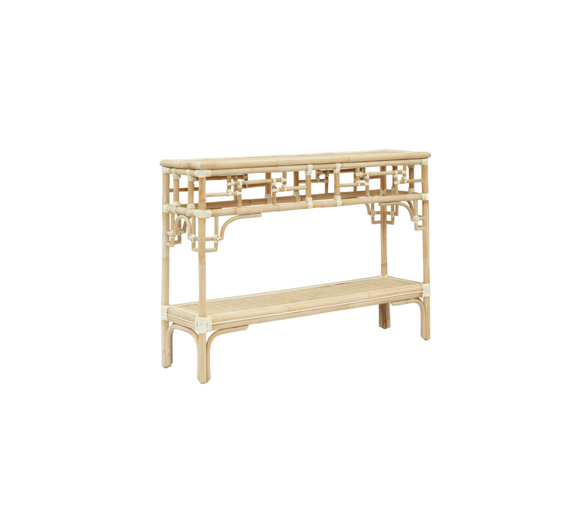Pagoda Console, Small Natural  Rattan Frame with Leather Wraps