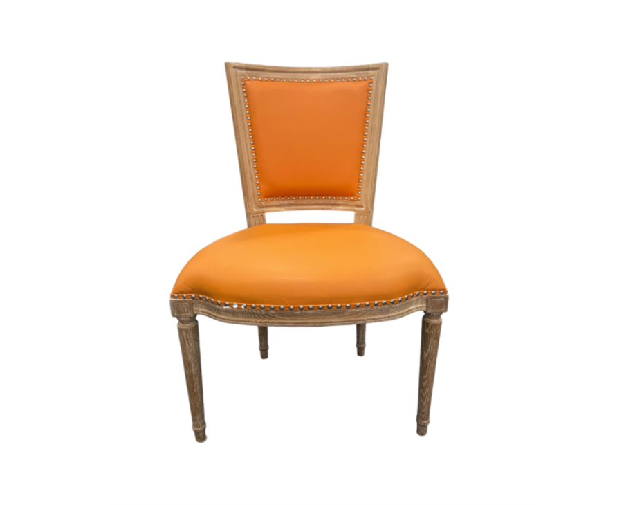 A Pair, Oak Tangerine Leather Orange Chairs