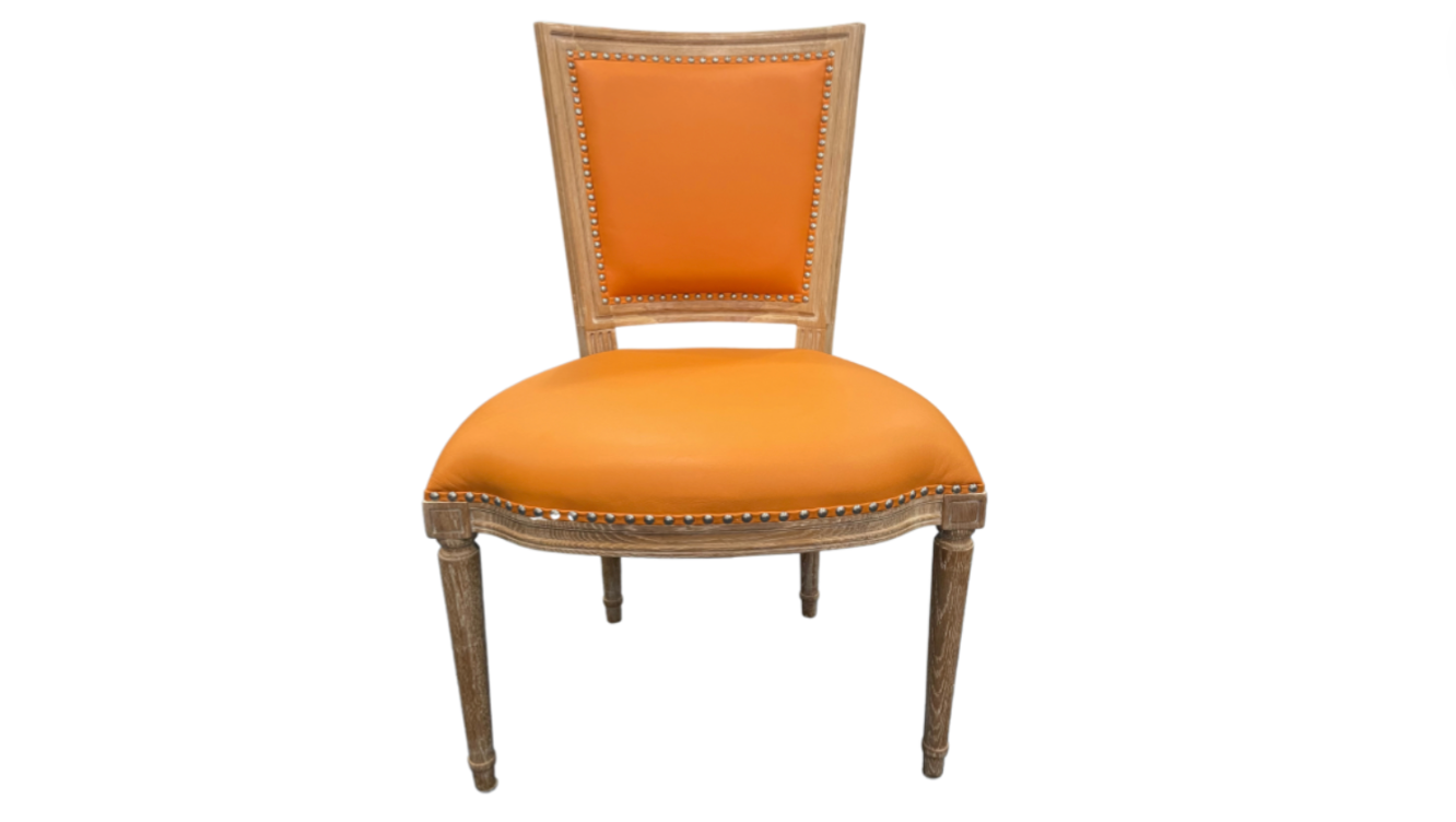 A Pair, Oak Tangerine Leather Orange Chairs