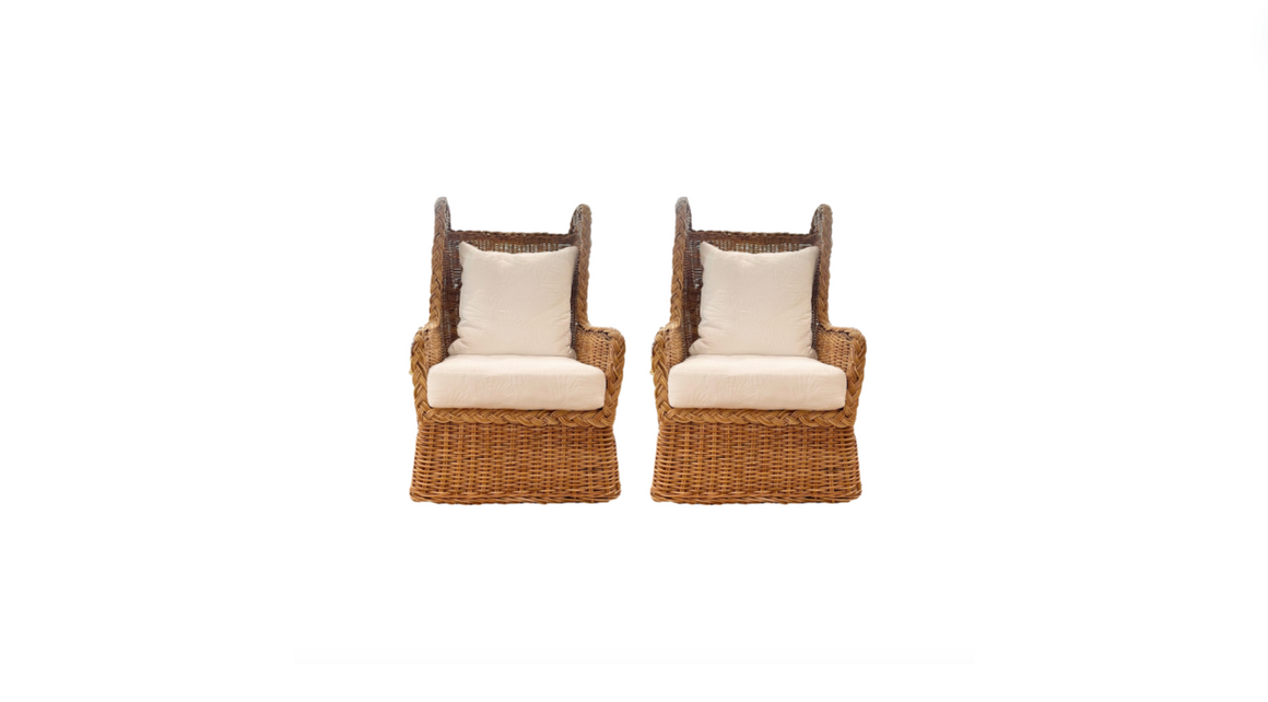 Vintage Wicker Wingback Chairs with Newly Upholstered White Quilted Cushions - A Pair