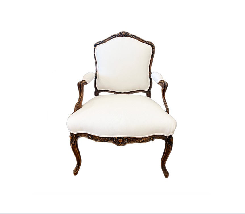 Antique French Provincial Bergere Chair Newly Upholstered in White Nailhead Fabric