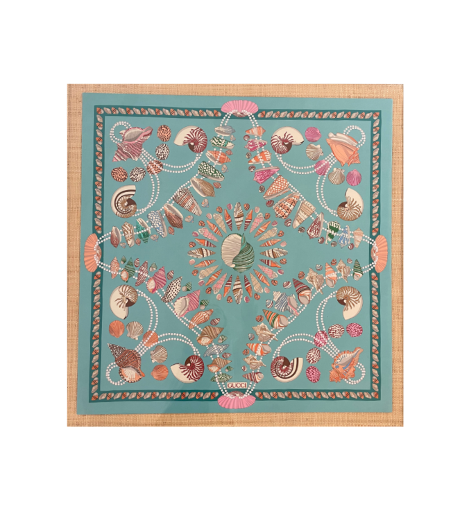 Turquoise Gucci Silk Scarf On Madagascar Grasscloth In Custom Acrylic Shadowbox Frame