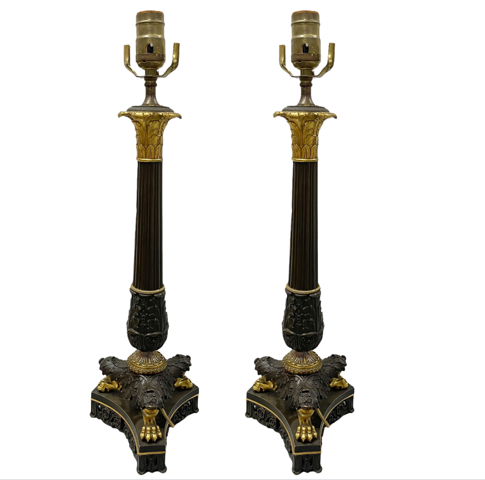 A Pair, Empire Table Lamps in Black lacquer and Gold Leaf