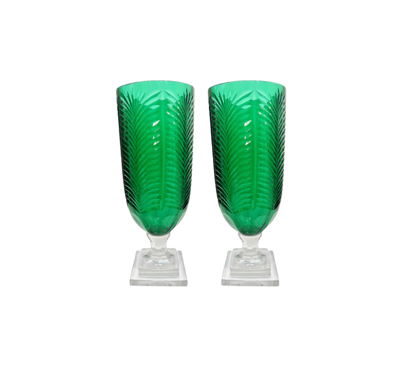 A Pair, Large Etched Palm Green Glass Hurricanes